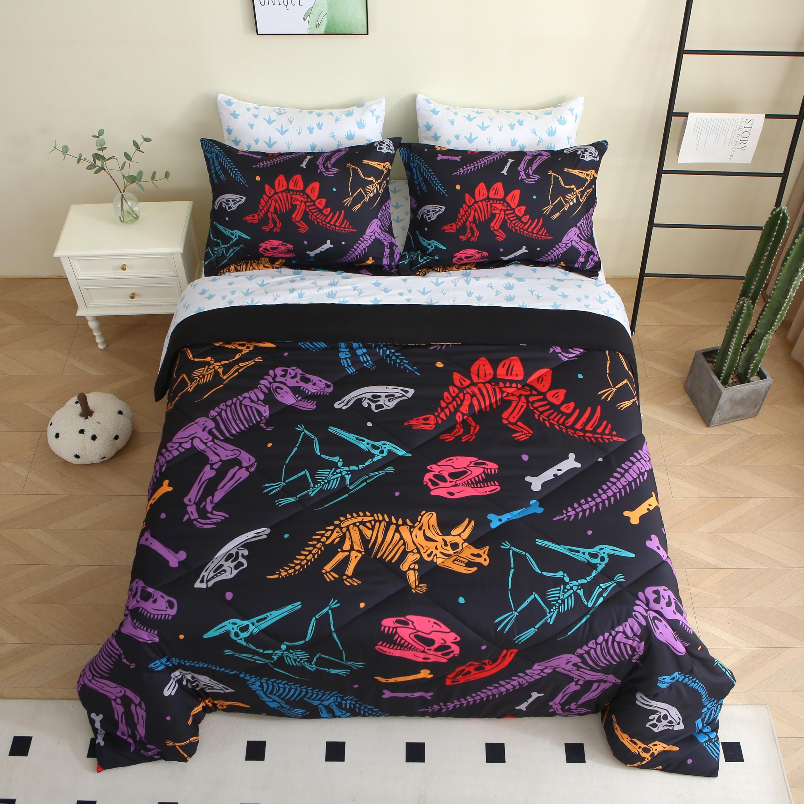 Jameswish 7 Piece Boys Dinosaur Comforter Set Full Size 3D Black Dinosaur Skeleton Bedding Set for Toddler Kids Teens Christmas 
