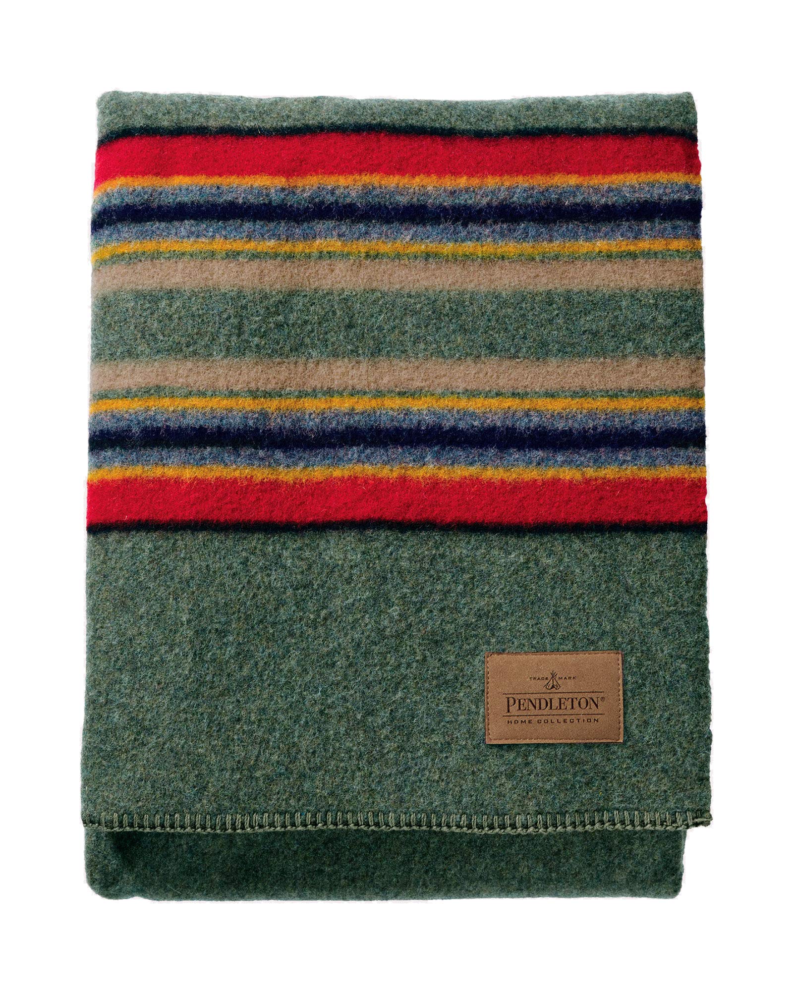 Pendleton Yakima Camp Thick Warm Wool Indoor Outdoor Striped Throw Blanket, Green Heather, Twin Size