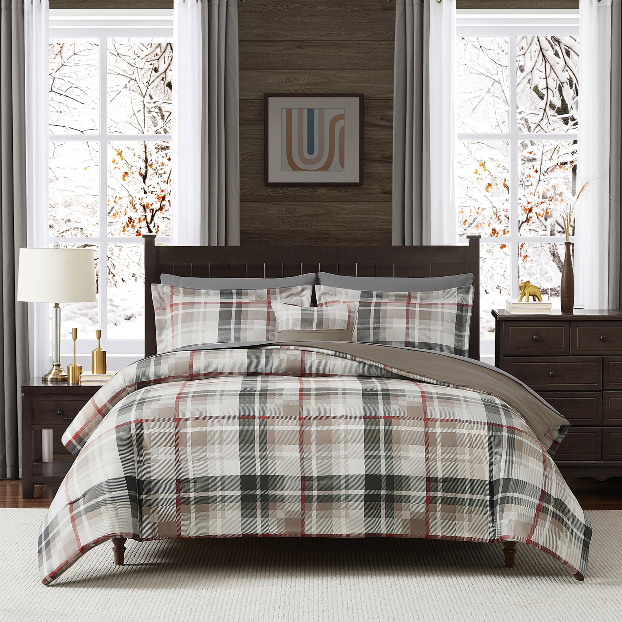 MaiR   ve Comforter Set Full Size, Khaki Plaid Design Comforter Set 7 Pieces, All Season Comfortable Bedding Sets Full, Lightwei