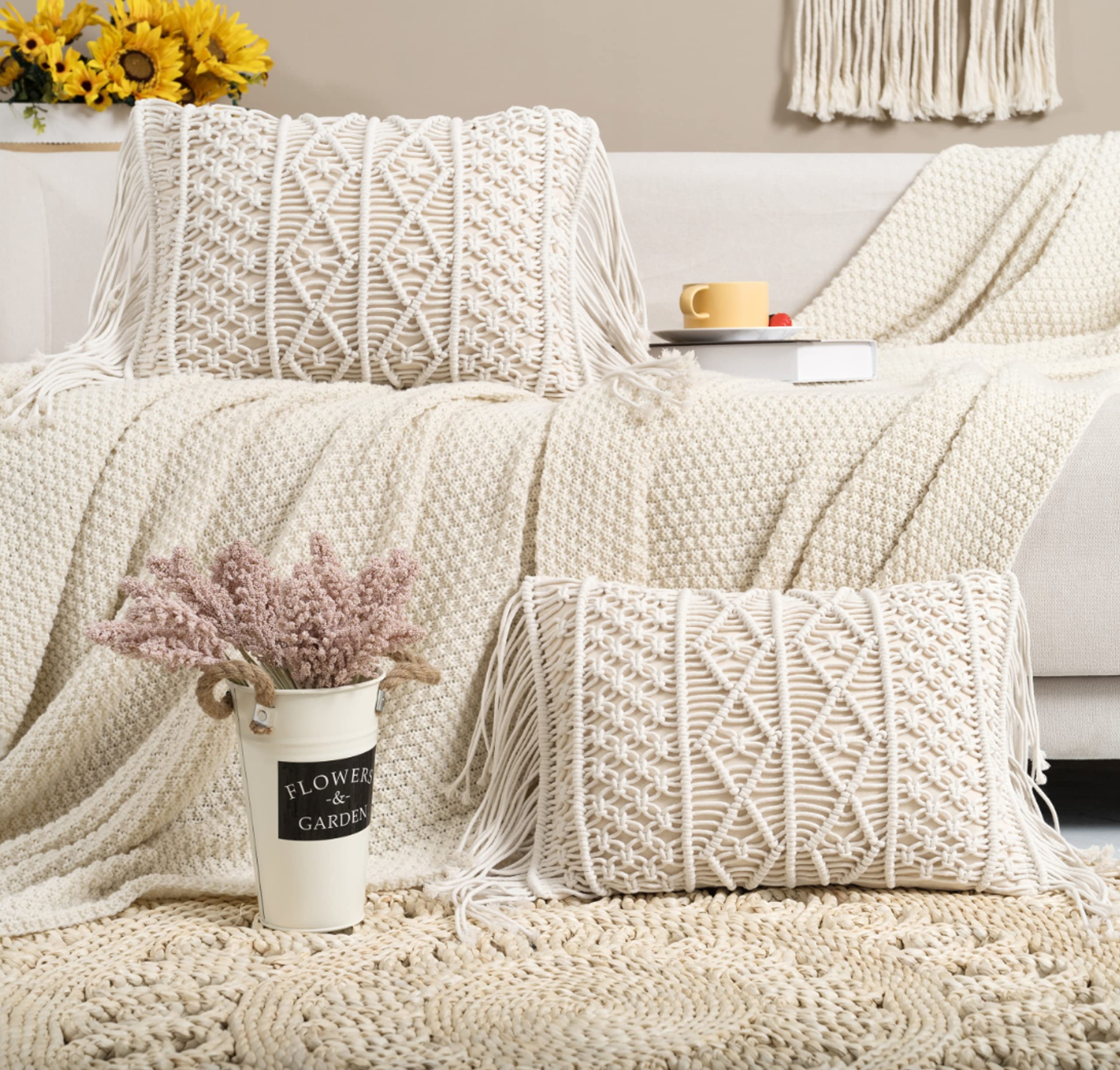 Homesunshine Macrame Lumbar Pillow Cover-Set of 2 with Tassels Rectangualr Cushion Covers Boho Throw Pillow Cover for Couch, Sof