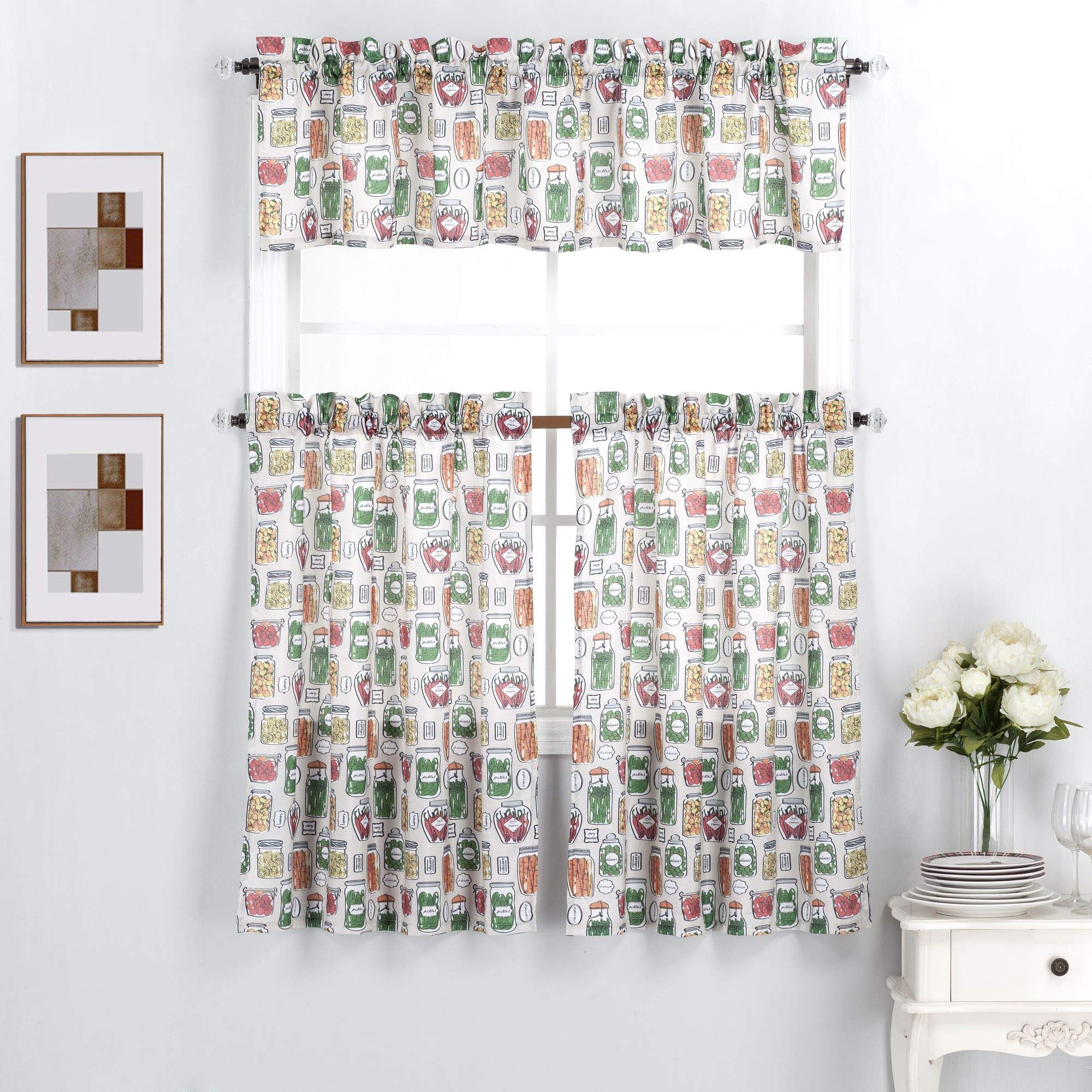 Interior Trends 3 Piece Kitchen Window Curtain Panel Tiers and Valance Set (36 Tiers Set, Vegetable Jars)