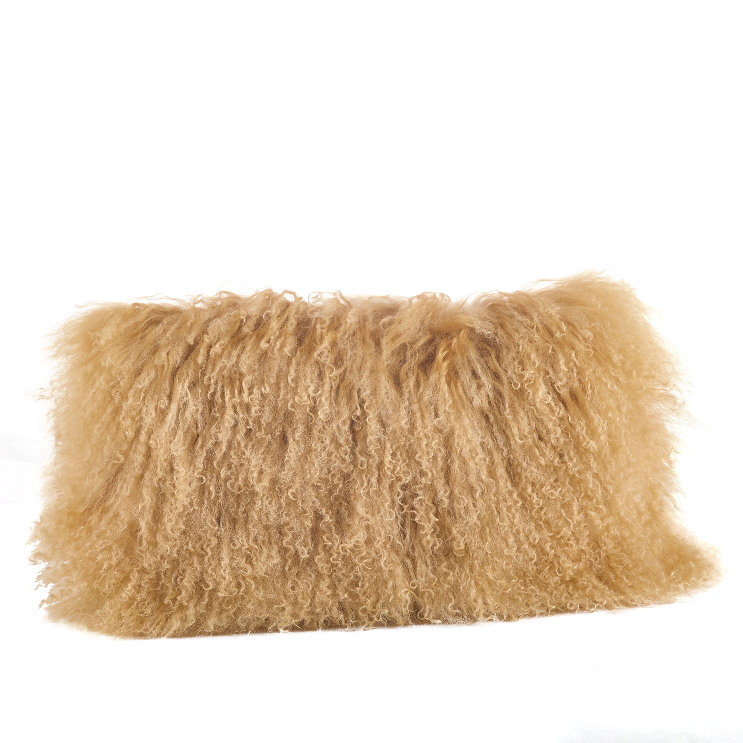 SARO LIFESTYLE 100% Wool Mongolian Lamb Fur Throw Pillow with Poly Filling, 12 x 20, Gold