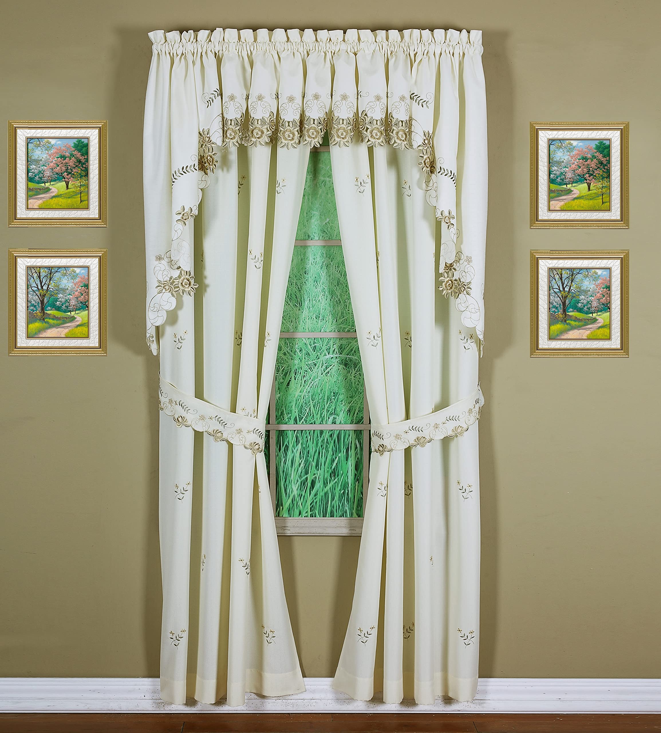 Todays Curtain Verona Reverse Embroidery Panel Pair and Tiebacks, 63, Ecru/Antique