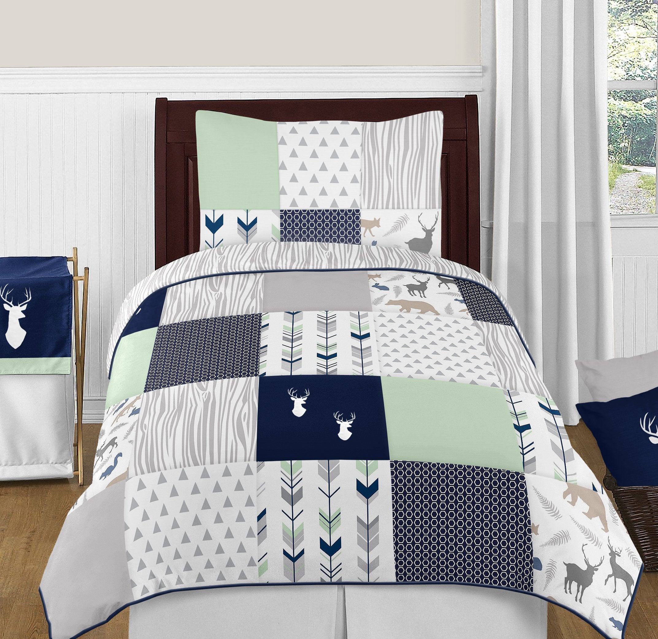 Sweet Jojo Designs Navy Blue, Mint and Grey Woodsy Deer Boys 4 Piece Kids Childrens Twin Bedding Set