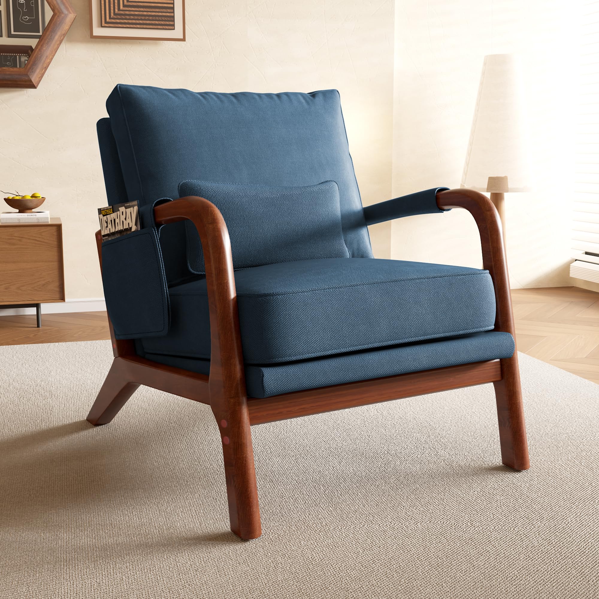 AILIUHUA Mid Century Modern Accent Chair with Pillow & Pocket, Upholstered Armchair with Solid Wood Frame & Soft Cushion for Liv