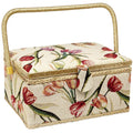 Sewing Basket with Tulip Floral Print Design- Sewing Kit Storage Box with Removable Tray, Built-In Pin Cushion and Interior Pock