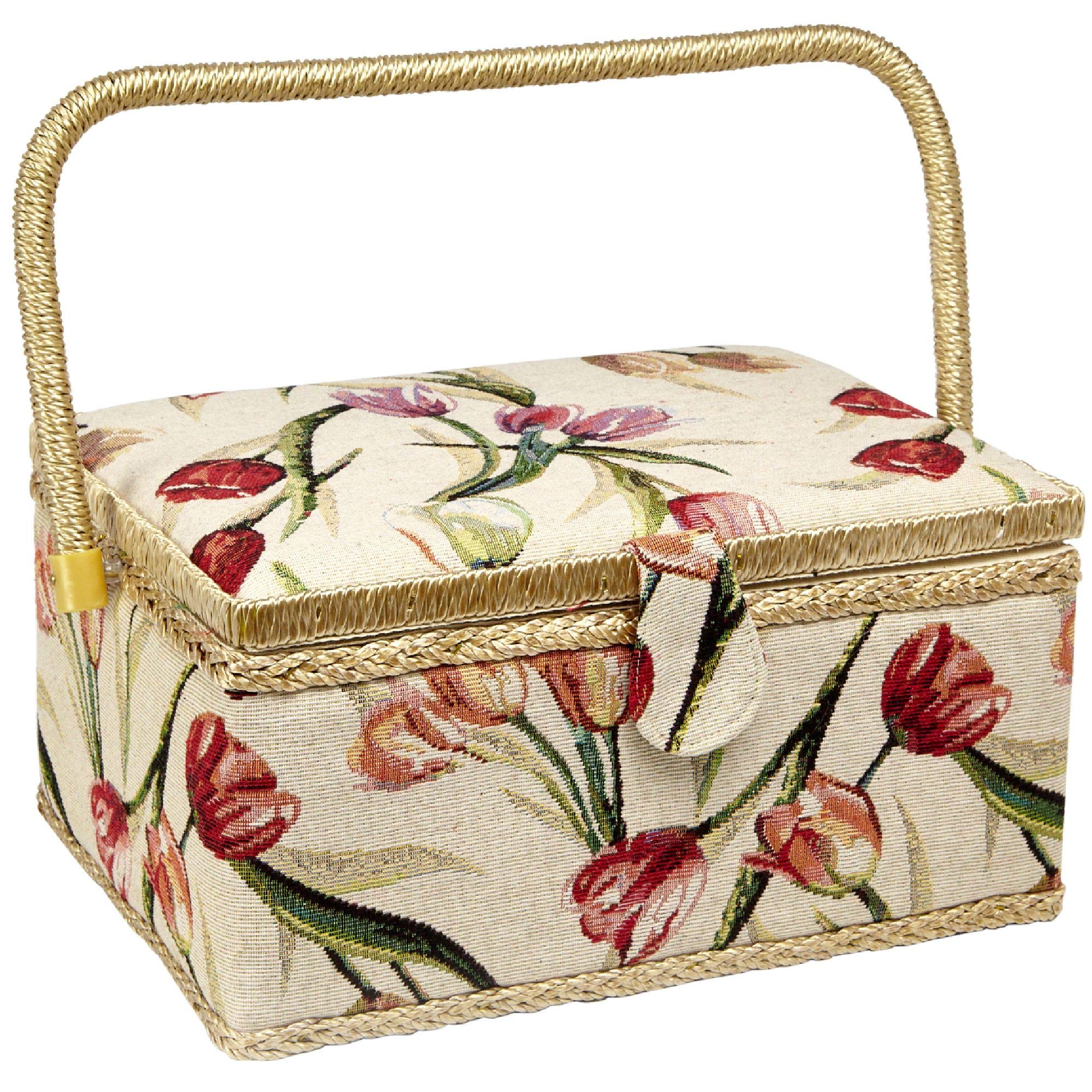 Sewing Basket with Tulip Floral Print Design- Sewing Kit Storage Box with Removable Tray, Built-In Pin Cushion and Interior Pock