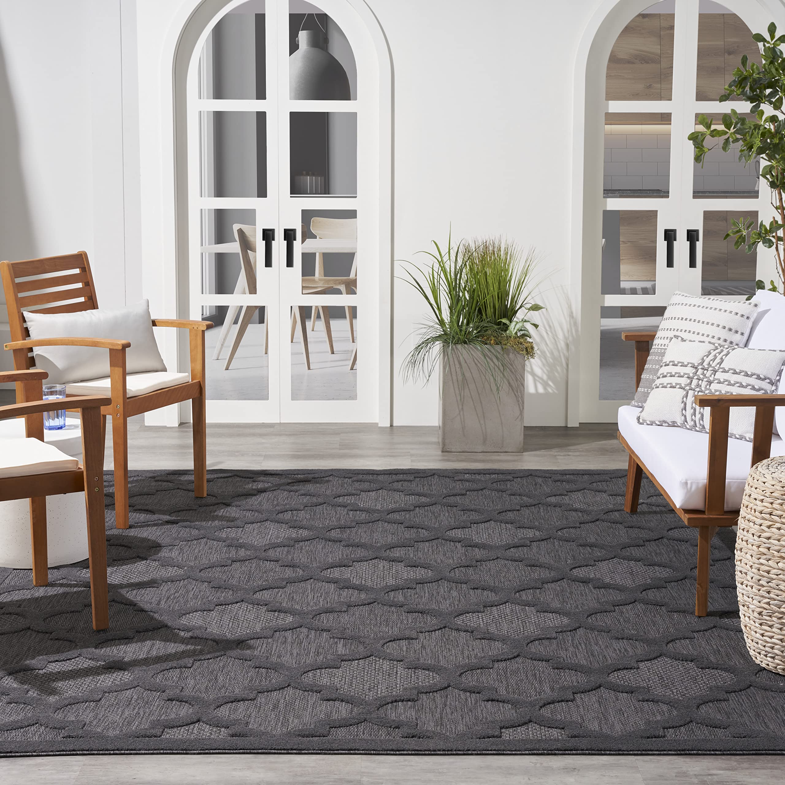 Nourison Home Easy Care Moroccan Charcoal/Black 8 x 10 Area Rug, Trellis, Easy Cleaning, Non Shedding, Bed Room, Living Room, 