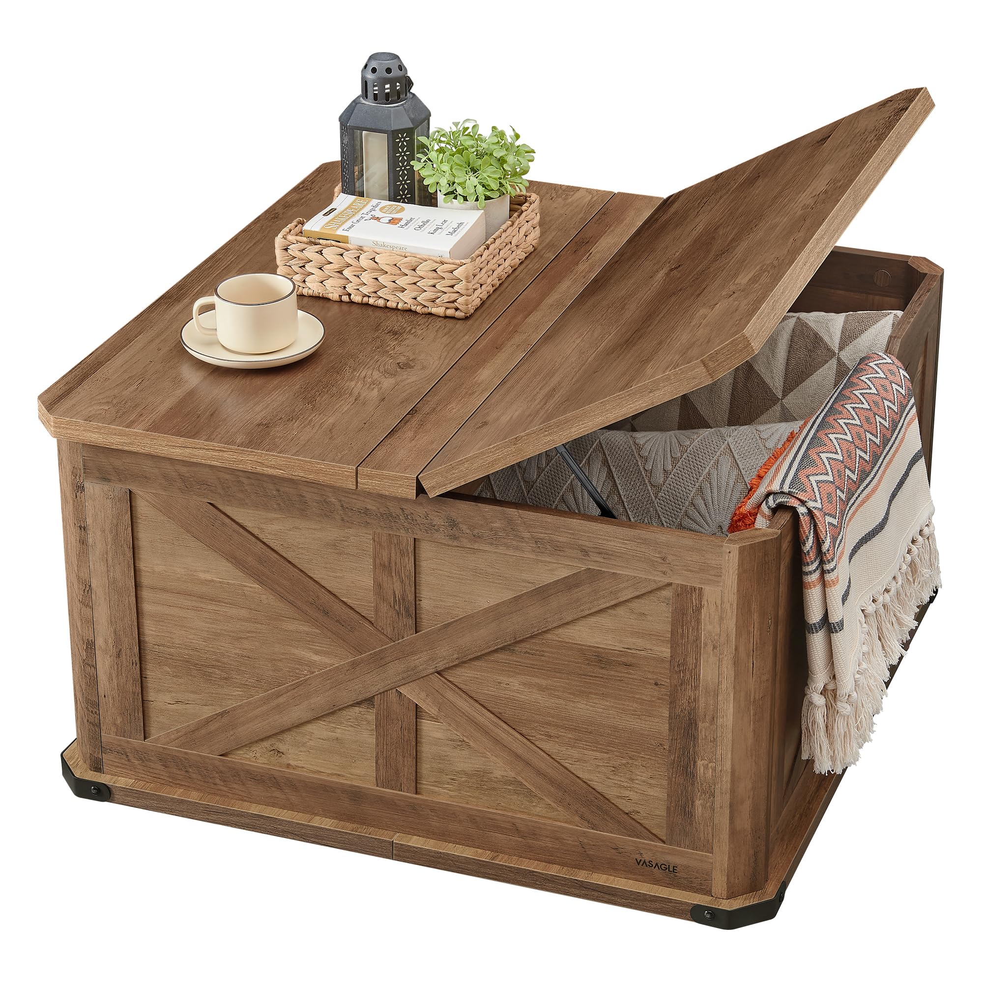 VASAGLE Farmhouse Coffee Table with Storage, Square Coffee Table for Living Room, Center Table with Flip-Top Lids, Honey Brown U