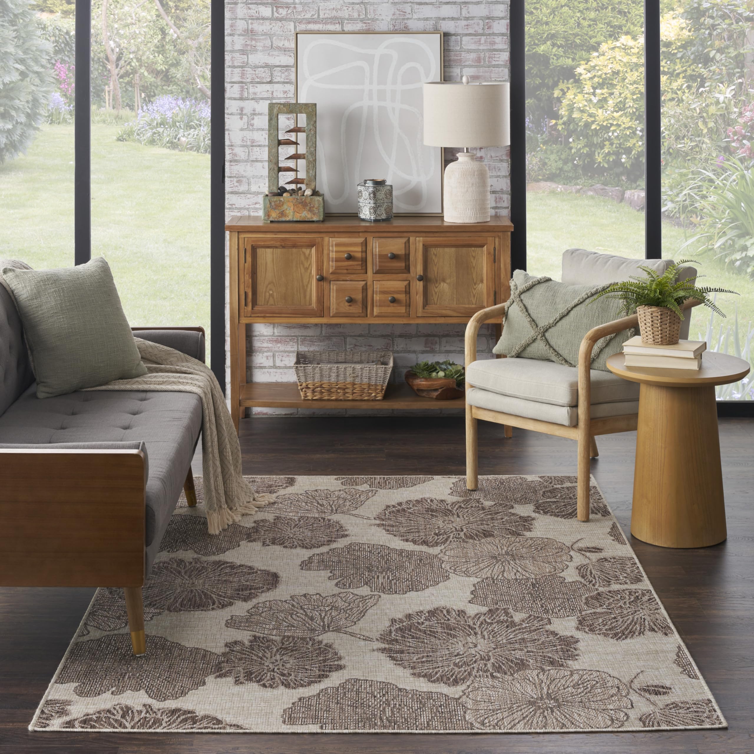 Nourison Garden Oasis Indoor/Outdoor Natural 5 x 7 Area Rug, Easy Cleaning, Non Shedding, Bed Room, Living Room, Dining Room, 