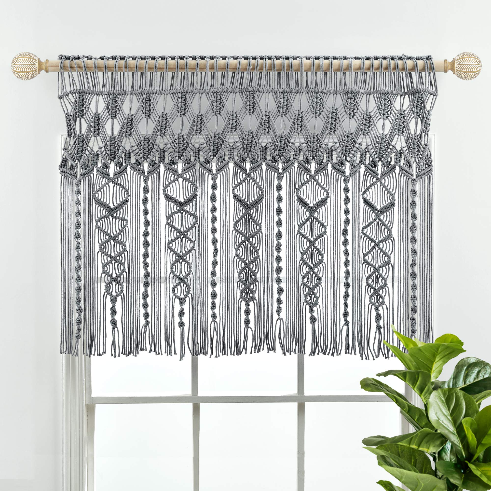 Lush Decor Boho Macrame Textured Cotton Valance, 40 W x 30 L, Gray - Boho Kitchen Curtains & Wall Decor - Macrame Valance - Bath