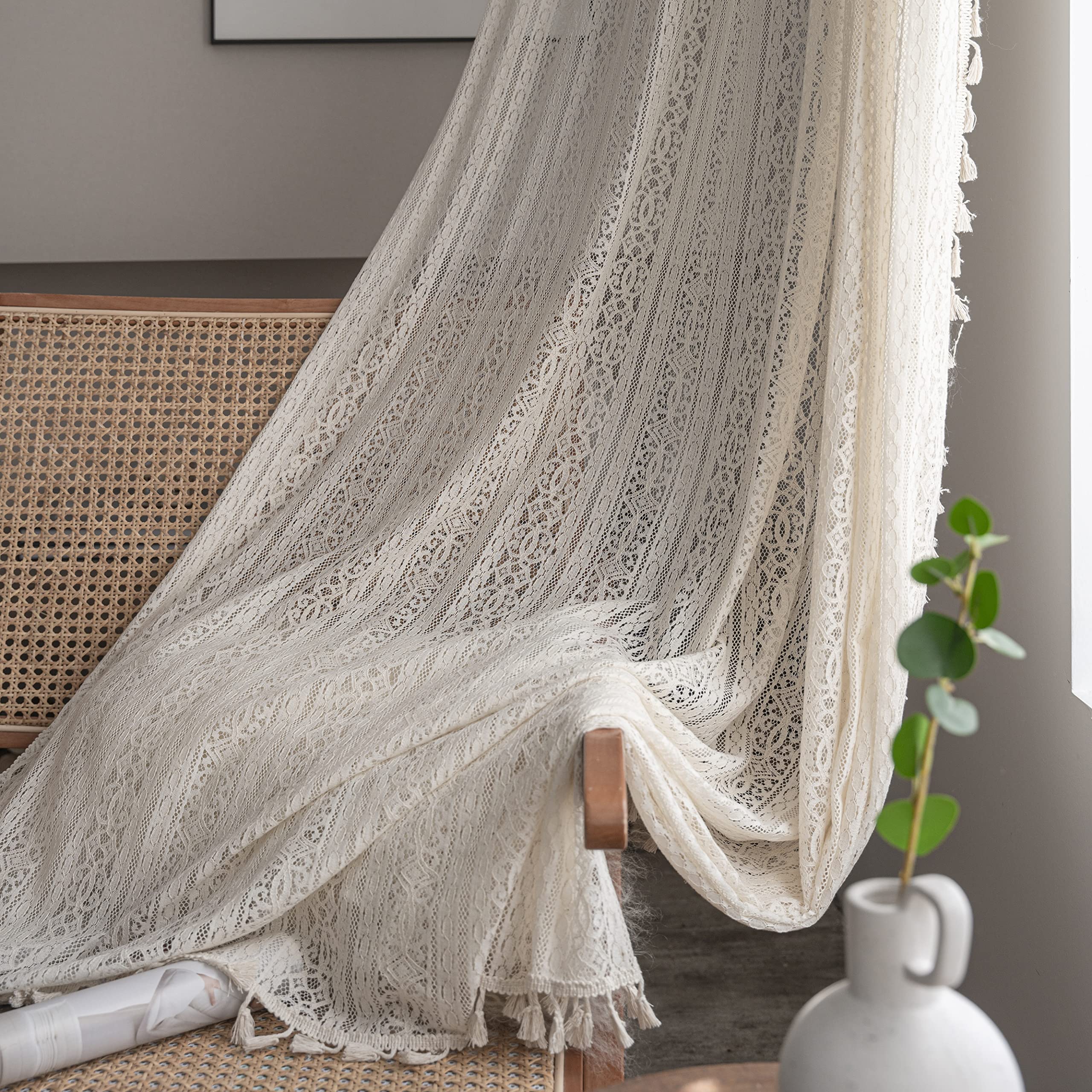 Boho Lace Curtains with Tassel,Vintage Geometric Neutral Curtains 63 inch Length 2 Panel Rod Pocket Crochet Privcy Curtain let L