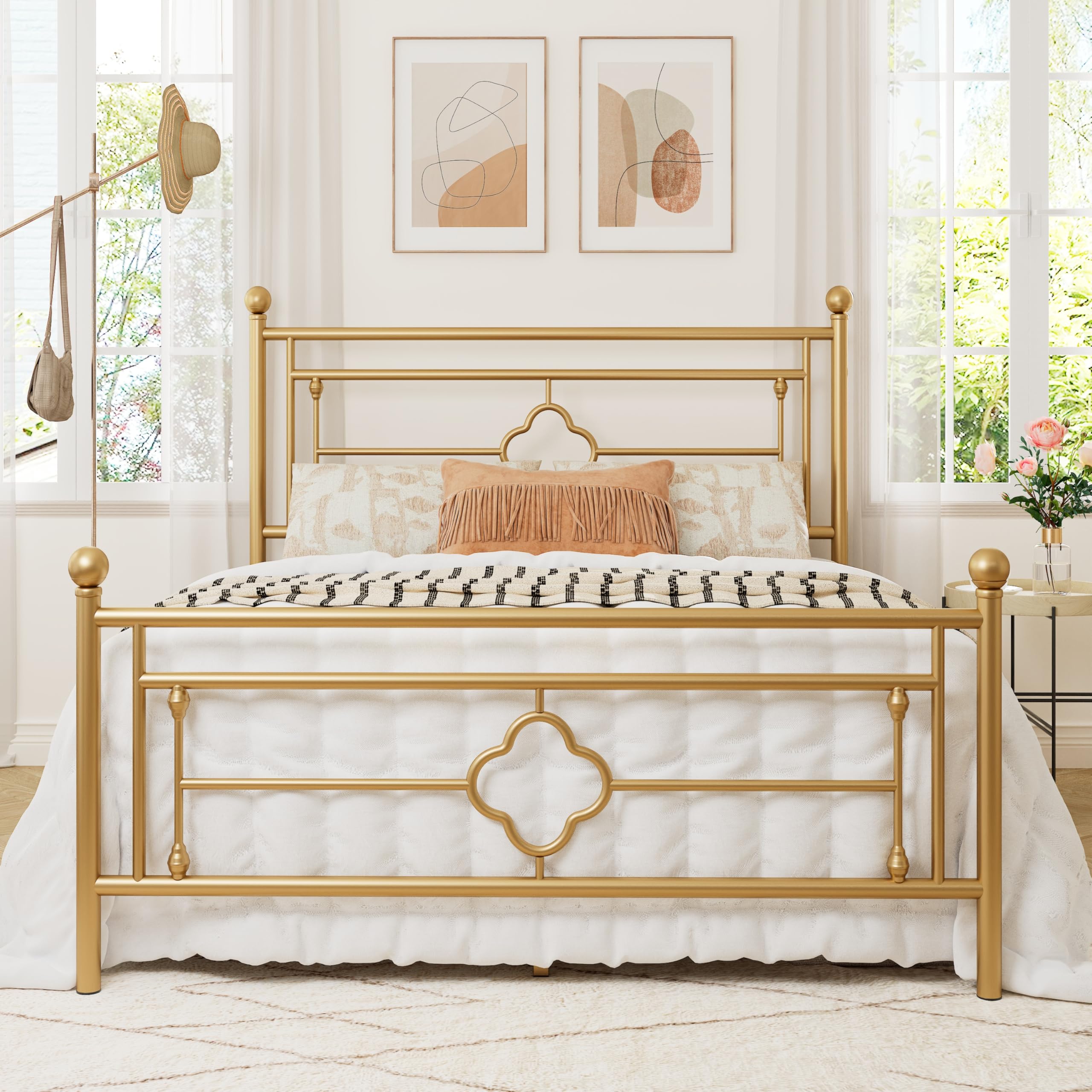 Allewie Full Size Metal Platform Bed Frame with Victorian Vintage Headboard and Footboard/Mattress Foundation/Under Bed Storage/