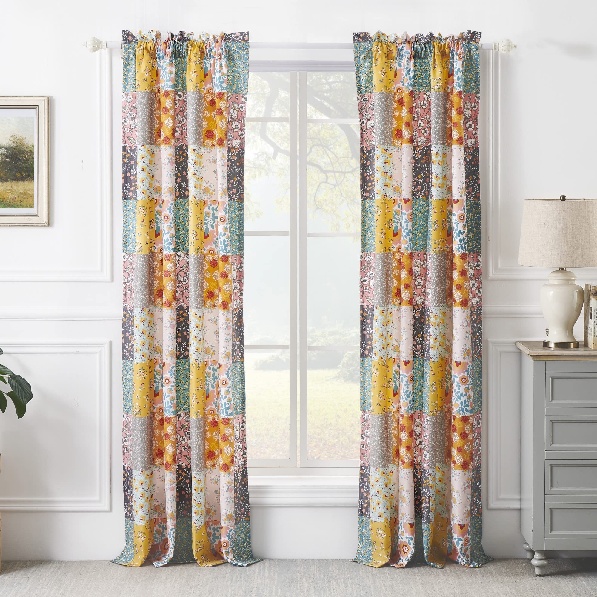 Greenland Home Carlie Semi-Sheer, Light Filtering Curtain Panels, Set of 2, Lined, with Tiebacks, 84 L x 50 W (x2), Calico Patch