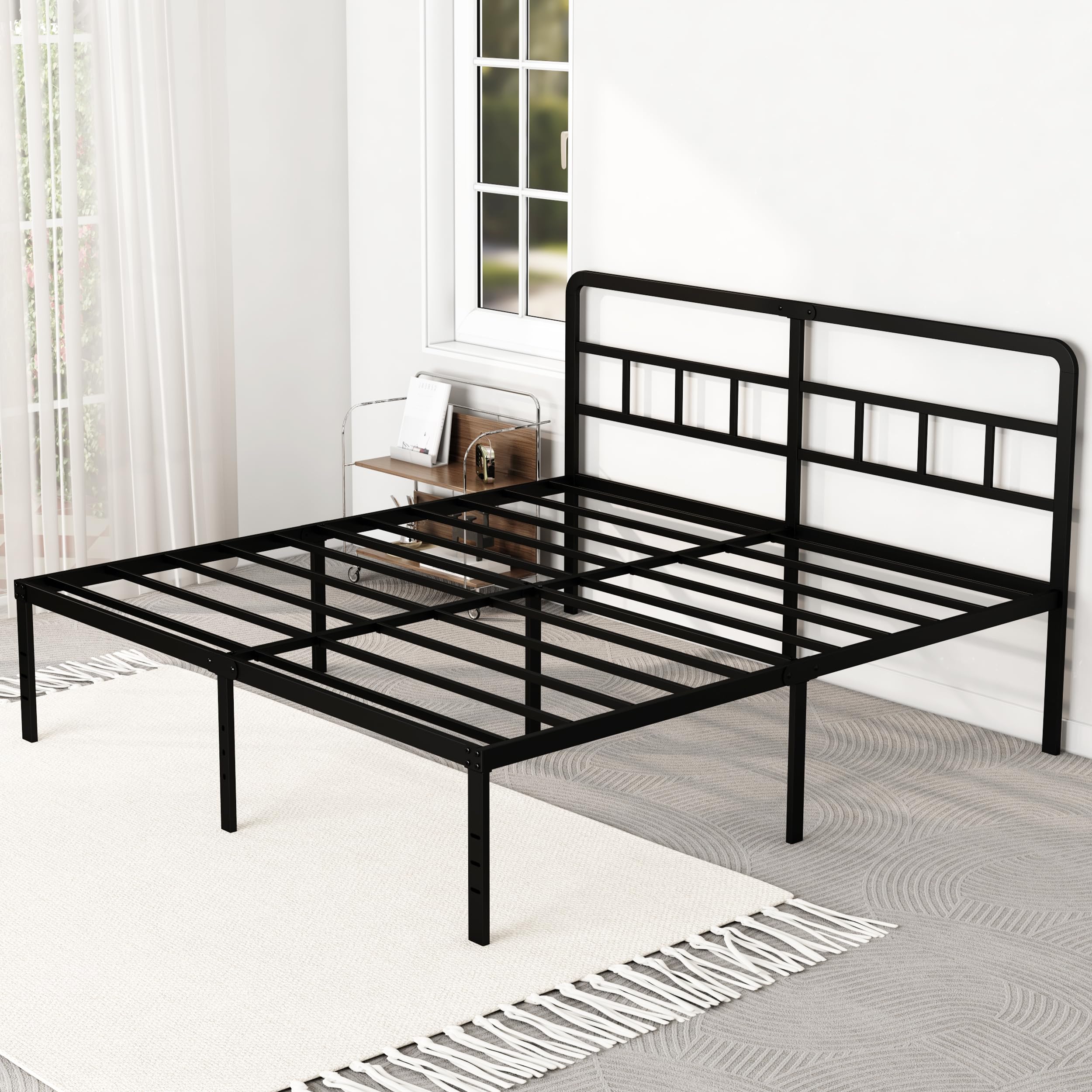 DiaOutro King Size Bed Frame with Headboard, 18 Inch Metal Platform No Box Spring Needed Heavy Duty Steel Slat Mattress Foundati
