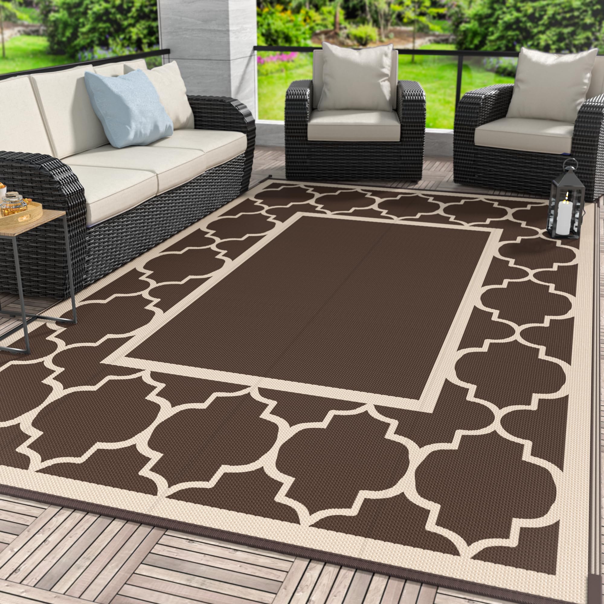 GENIMO Outdoor Rug 8 x 10 Patio Waterproof, Foldable Reversible Plastic Straw Area Rugs Mat for Camper Decor, Outside Carpet f