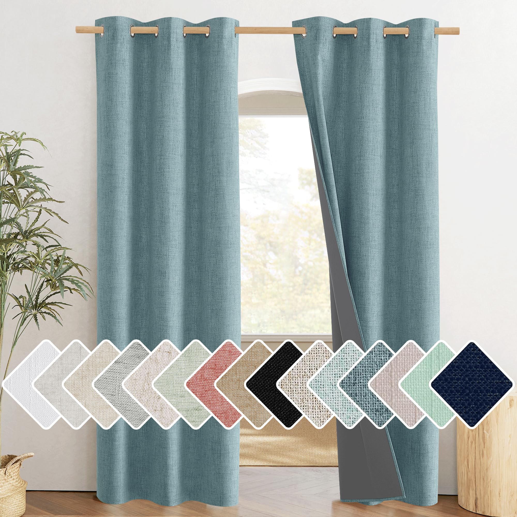 NICETOWN 100% Absolutely Blackout Linen Curtains with Thermal Insulated White Liner, Skylark Blue, 42 inches Wide, 84 inches Len