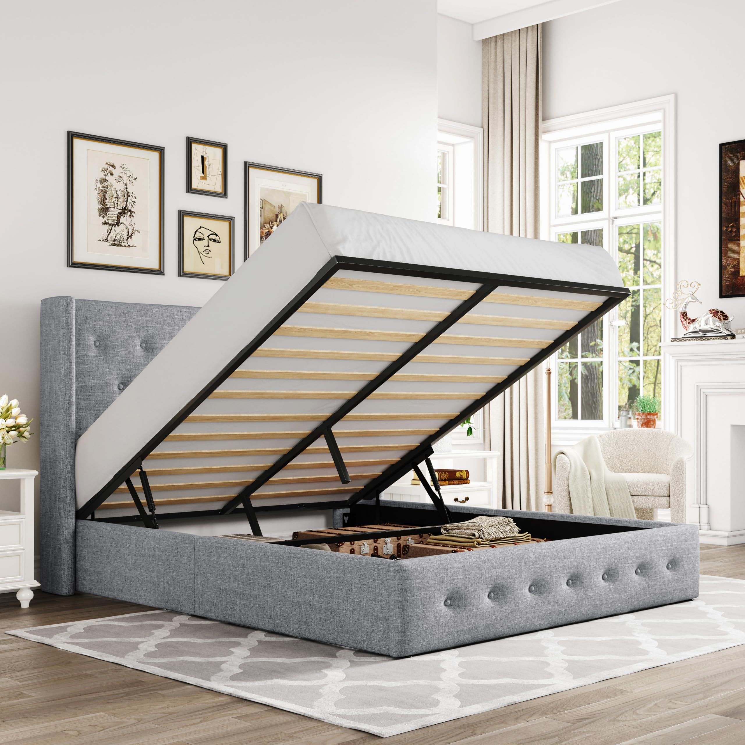 Allewie Full Size Lift Up Storage Bed, Button Tufted Headboard with Wingback, No Box Spring Needed, Hydraulic Storage, Light Gre