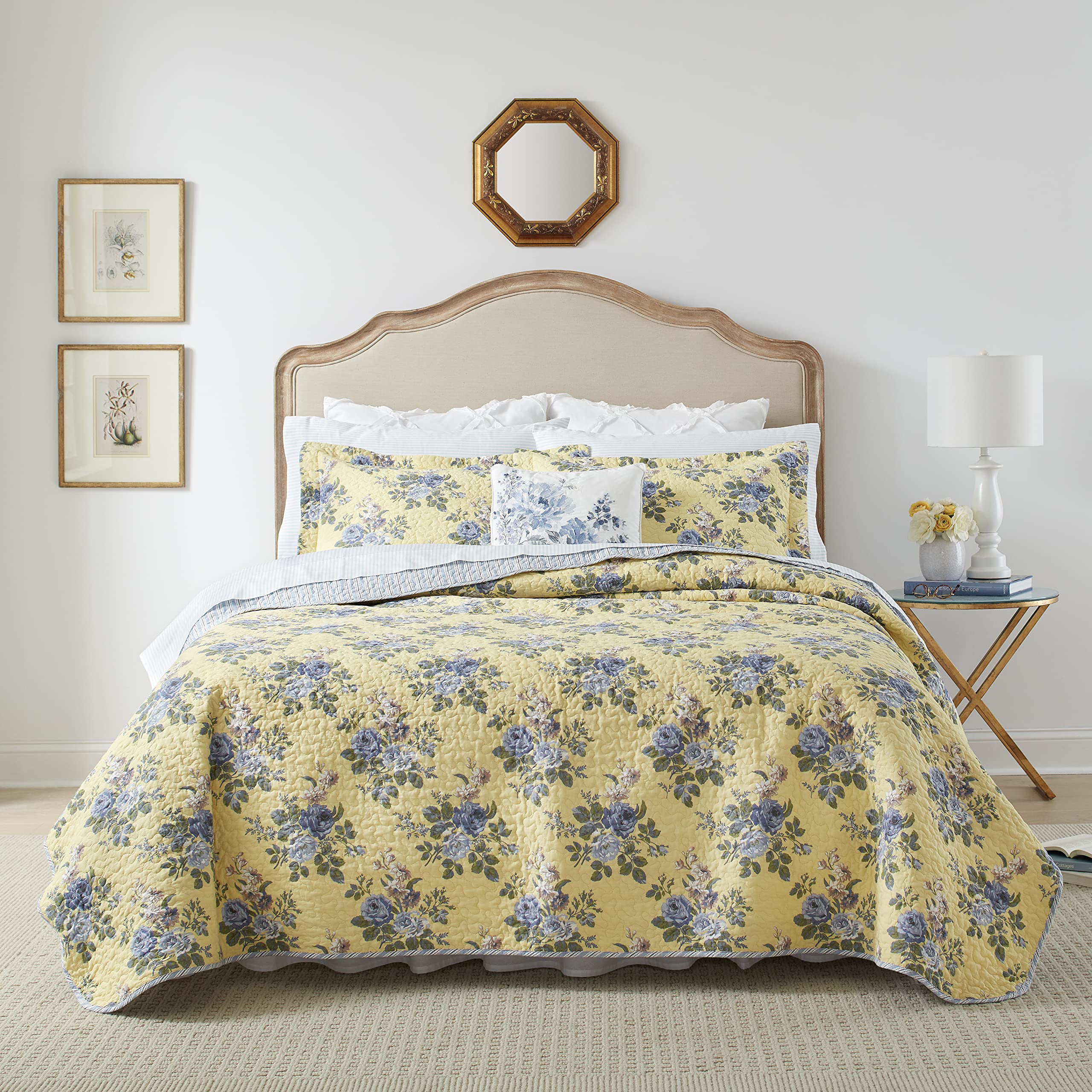 Laura Ashley Linley Collection Quilt Set-100% Cotton, Reversible, Lightweight & Breathable Bedding, Pre-Washed for Added Softnes