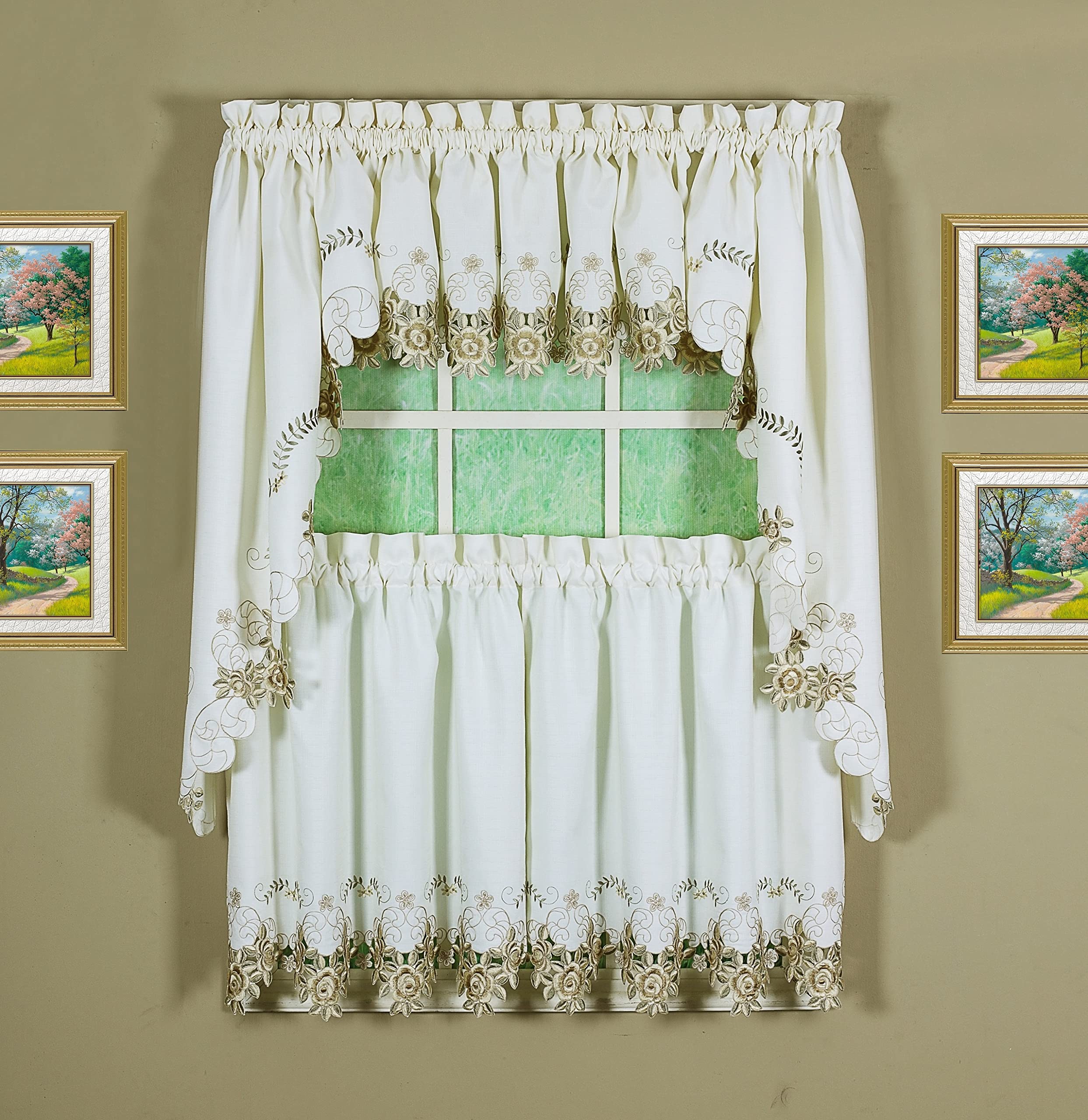 Todays Curtain Verona Reverse Embroidery Tier, 24, Ecru/Antique