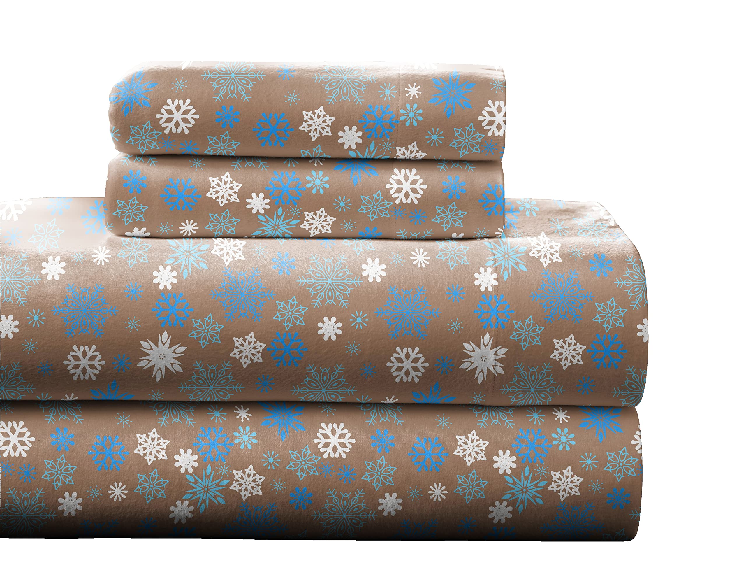 Pointehaven Heavy Weight Flannel Cotton Sheet Set, King, Snow Flakes/Tan