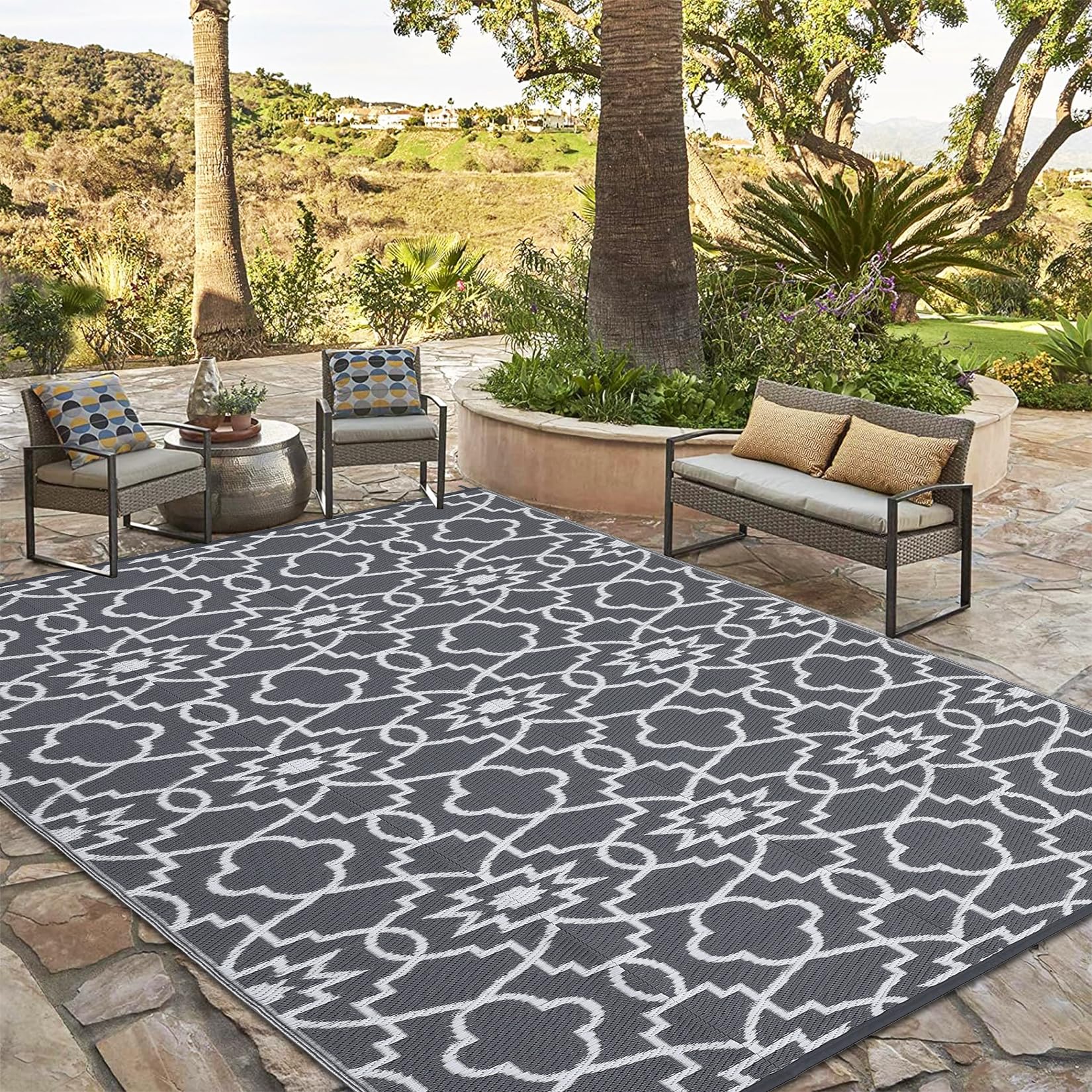 COZYLOOM Outdoor Plastic Straw Rug 9x12 ft Reversible Mats Indoor Outdoor Area Rug Stain & UV Resistant Portable RV Mat for Outs