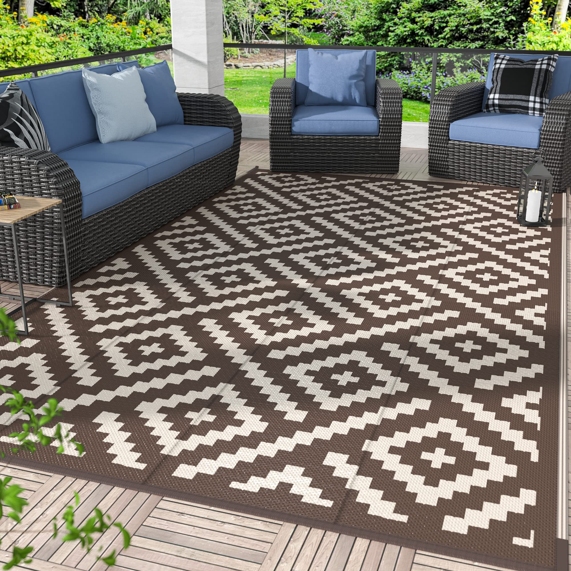 GENIMO 5x8 Outdoor Rug Waterproof, Reversible Mats, Outdoor Area Rug, Plastic Outside Carpet, Geometric Rv Mat for Patio Camping