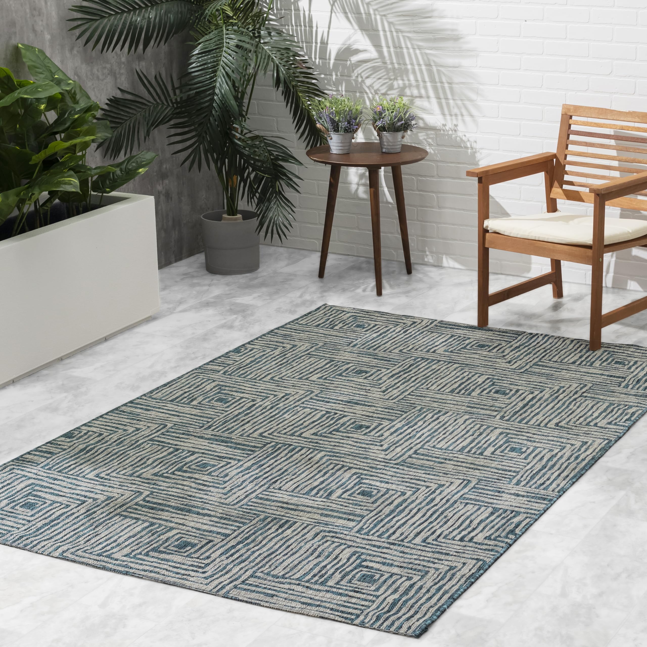 FH Home Outdoor Rug - Waterproof Easy to Clean Stain Resistant - Patio Indoor Outdoor Porch Deck Balcony Entryway - Geometric Mo