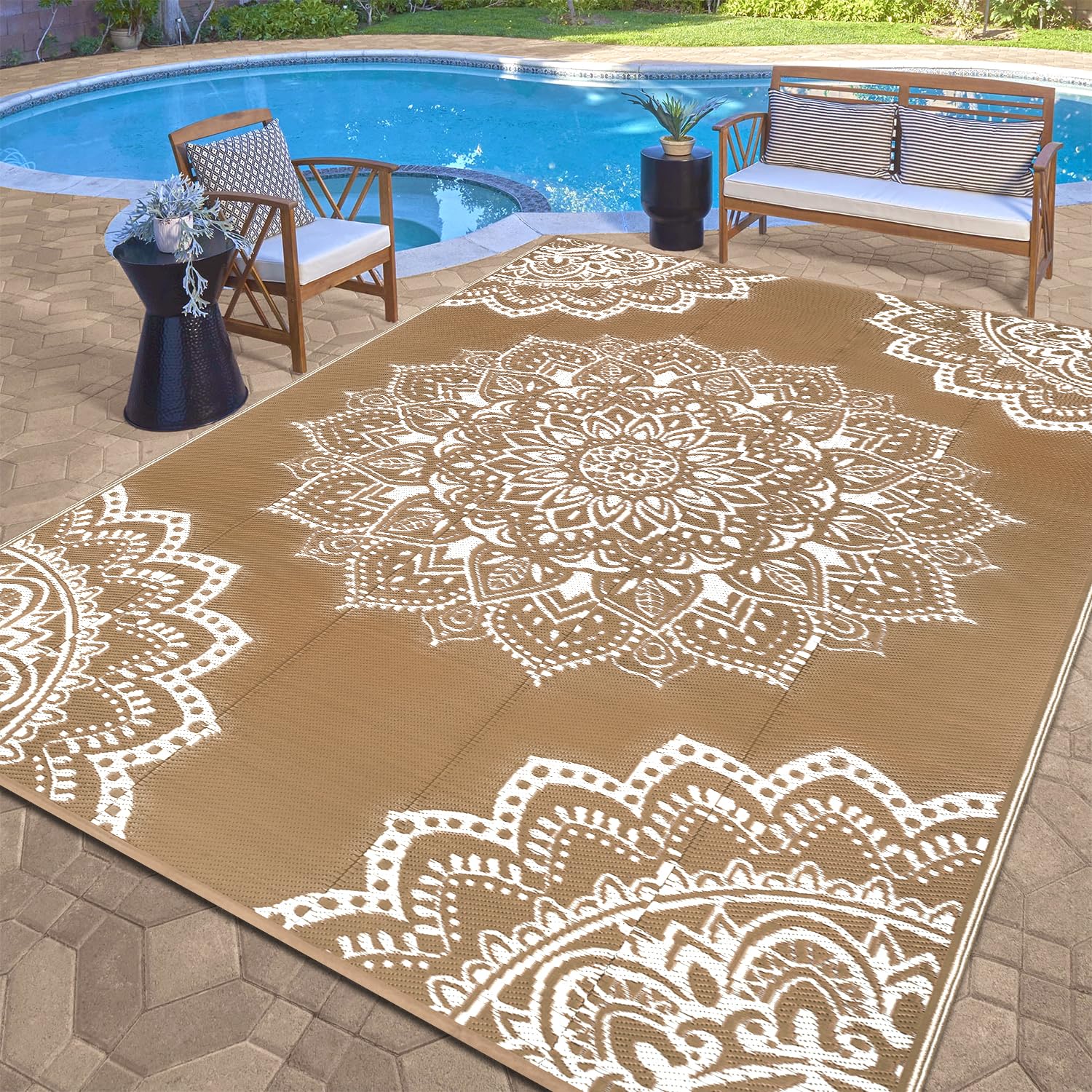 Yamaziot Waterproof Outdoor Rug 9x12 ft, Reversible Plastic Straw Rug for Patio Clearance, Camping, RV Mat, Large Outside Rug Ca