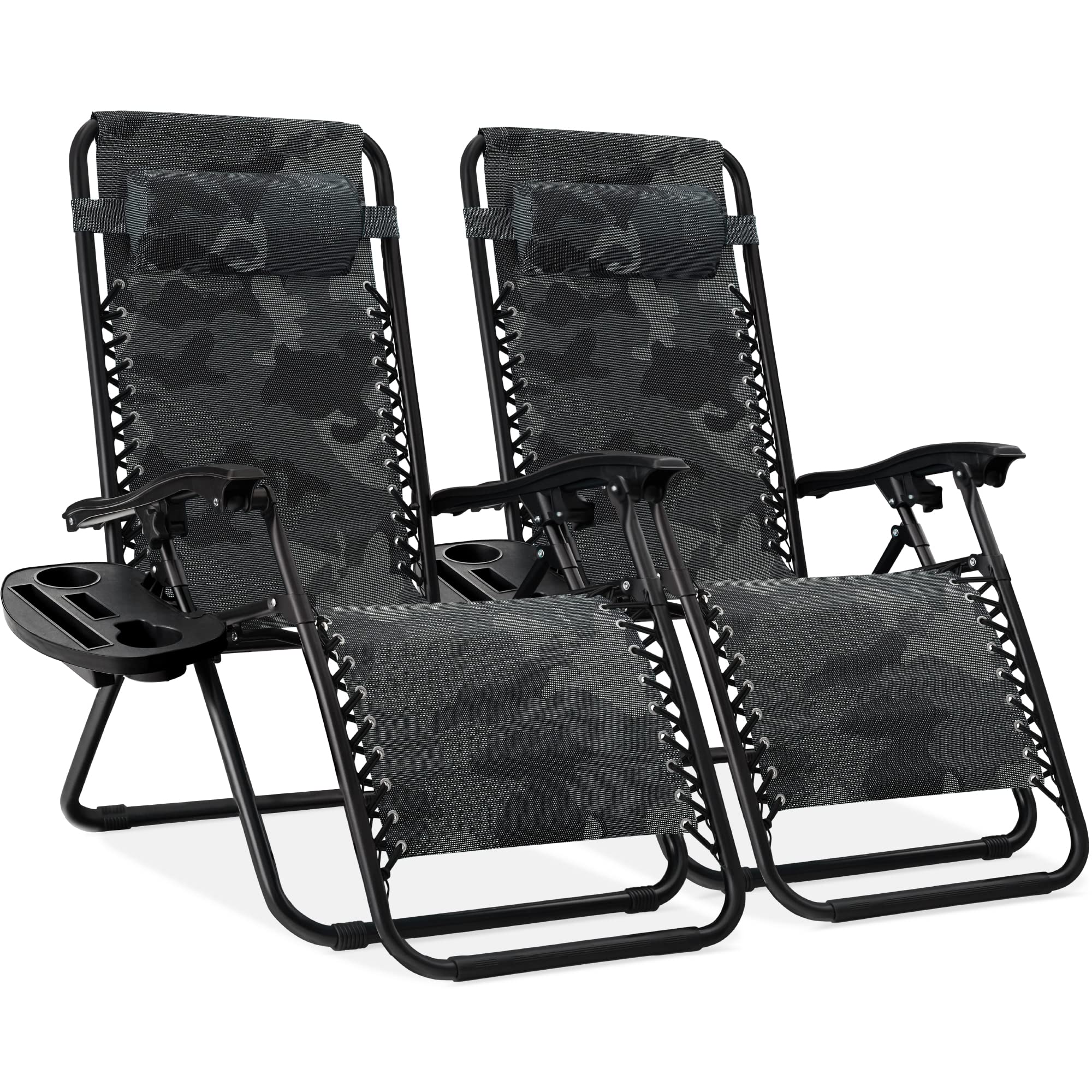 Best Choice Products Set of 2 Adjustable Steel Mesh Zero Gravity Lounge Chair Recliners w/Pillows and Cup Holder Trays - Camofla