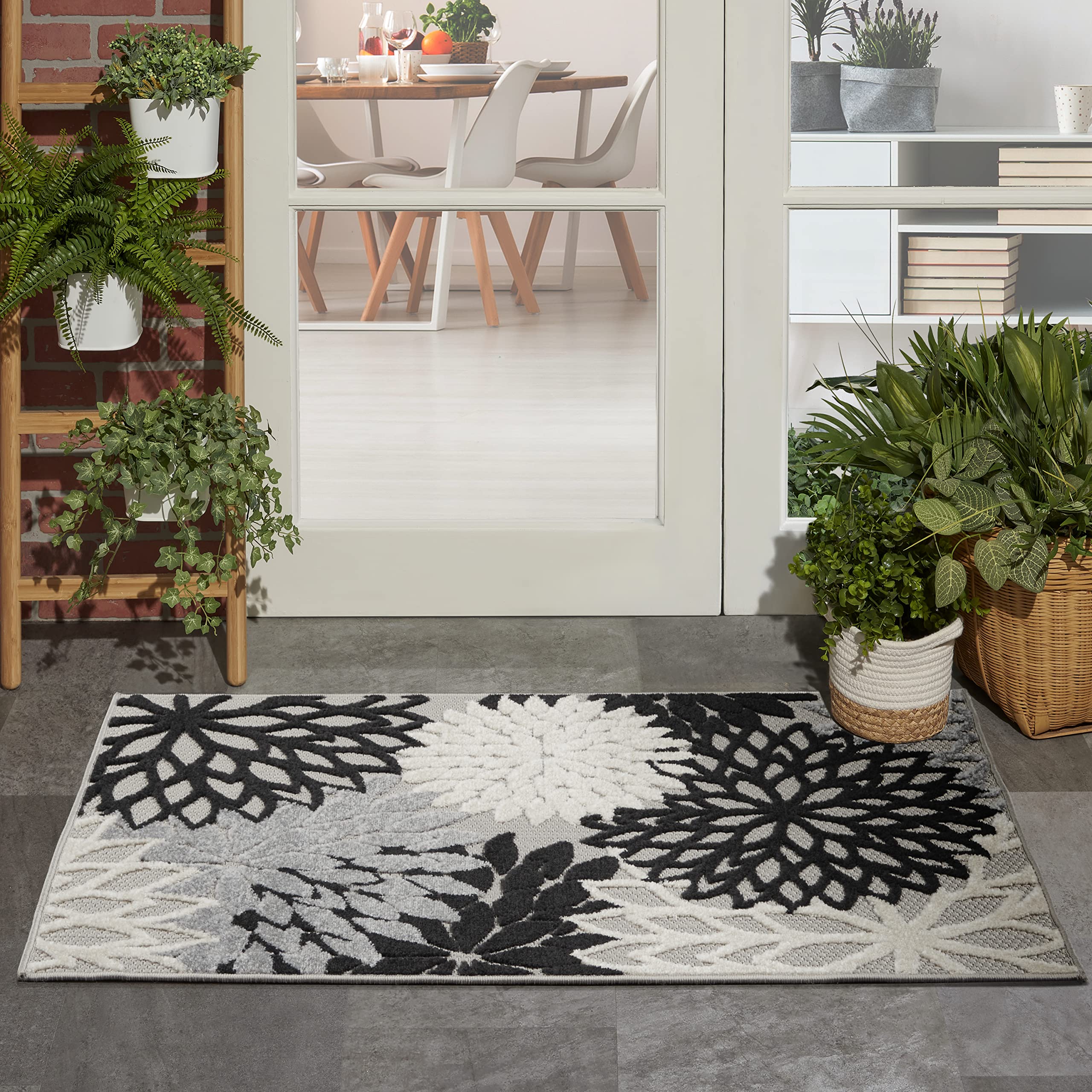 Nourison Home Aloha Indoor/Outdoor Black White 3 x 5 Area Rug, Easy Cleaning, Non Shedding, Bed Room, Living Room, Dining Room