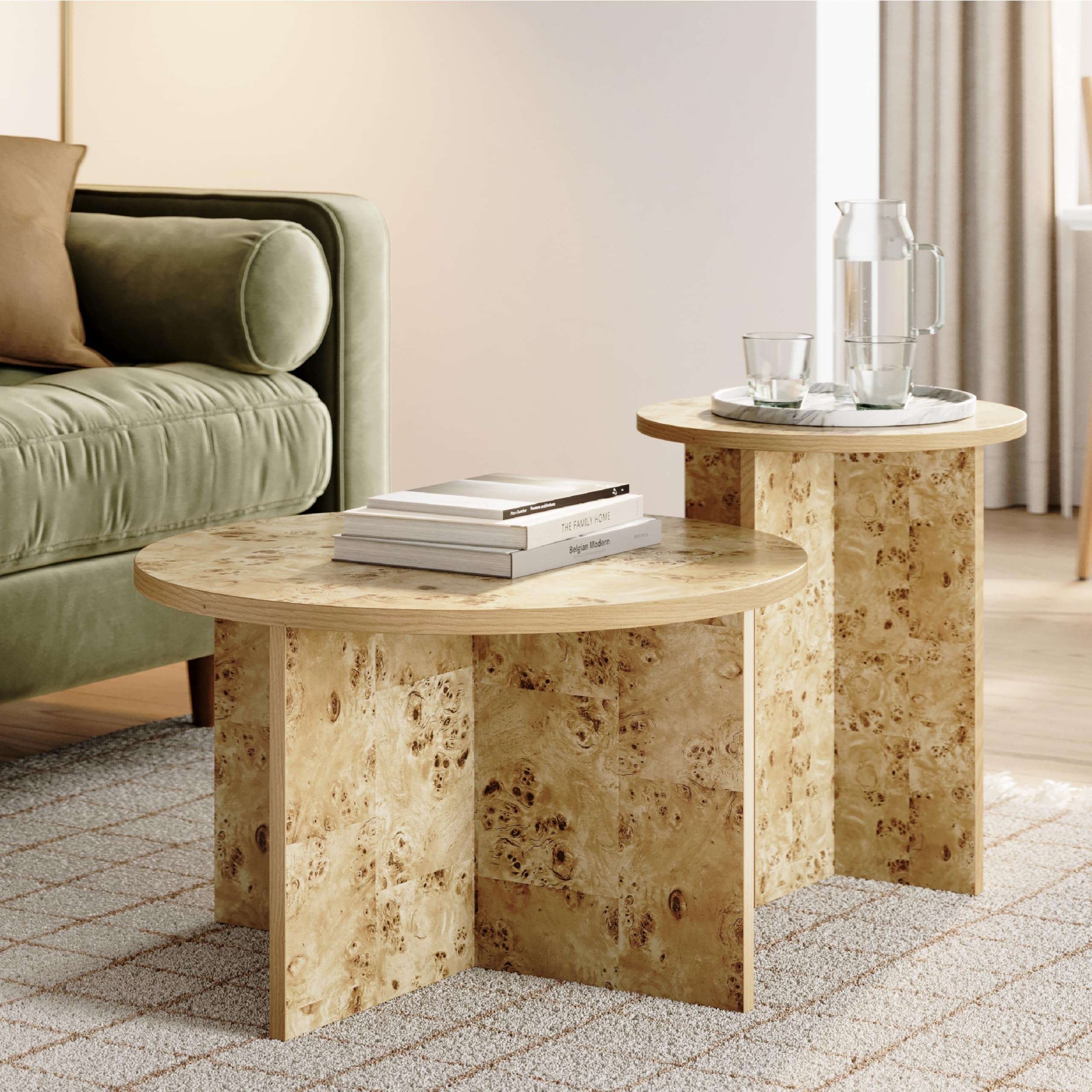 Burl Wood Coffee Table Set of 2 - Modern Living Room Furniture - Organic Modern Drink Desk - Round Nesting Coffee Table - Stylis