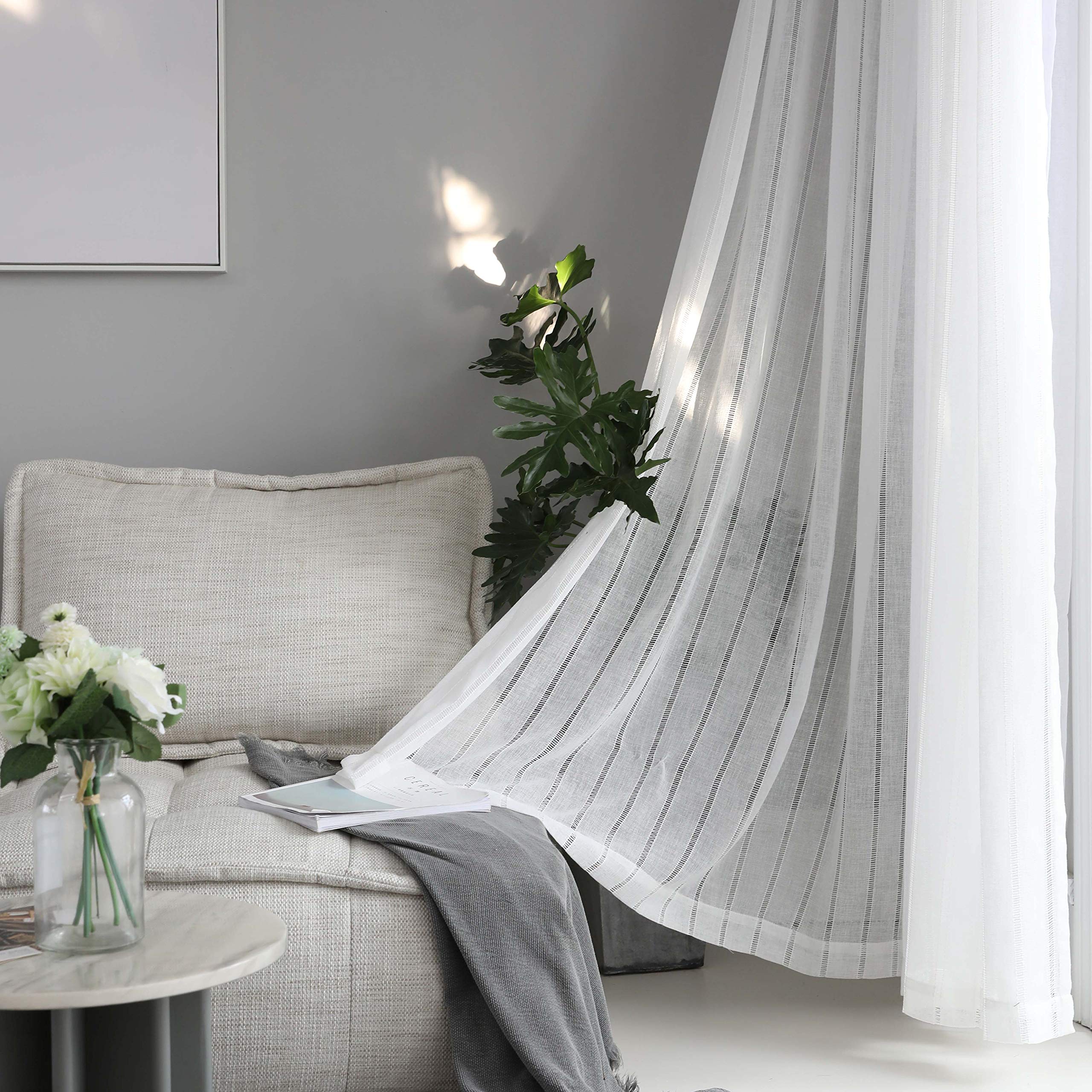 Home Brilliant Striped White Sheer Curtains 84 Inches Long Lace Voile Window Treatment Living Room Bedroom Curtains, 2 Panels, 5