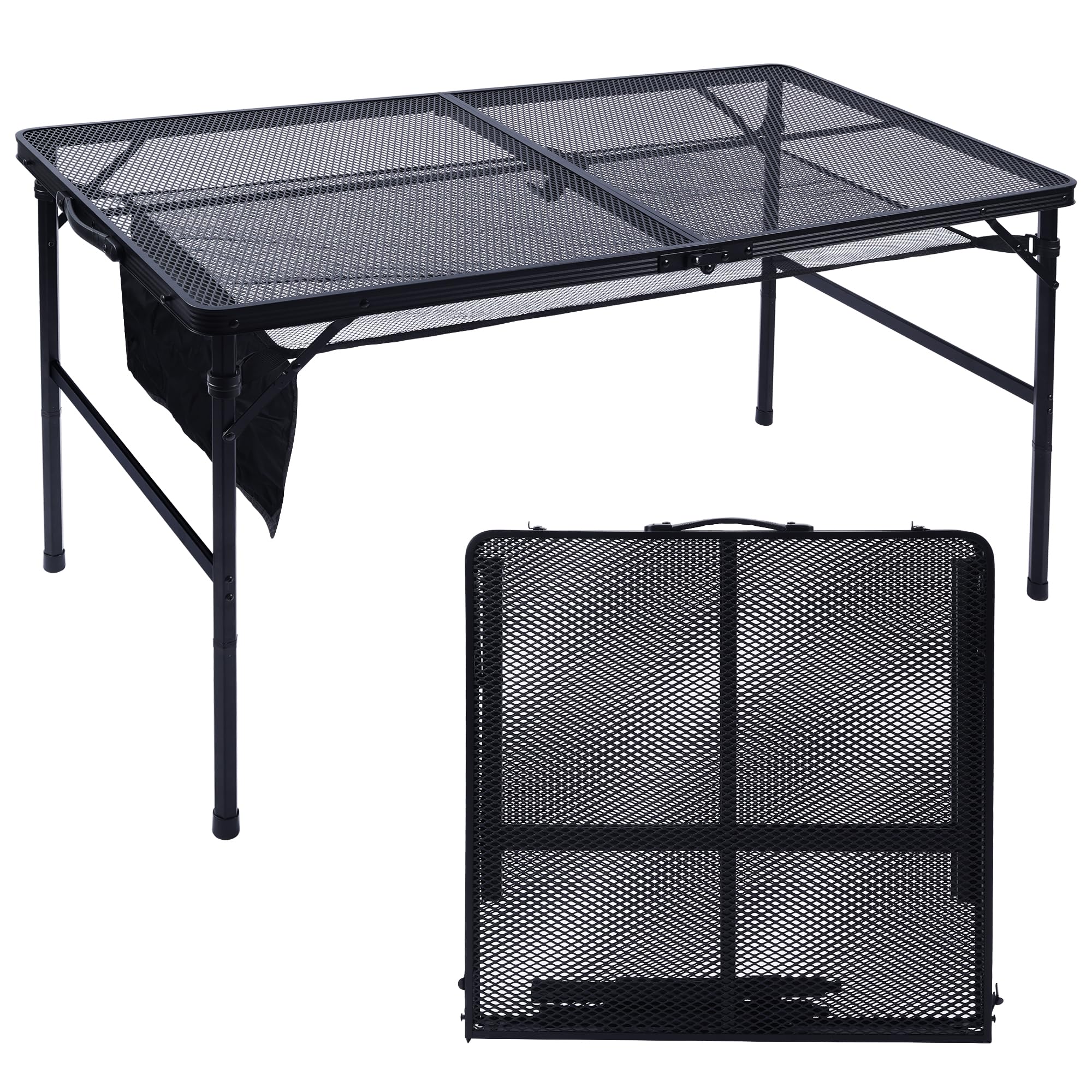 JOUYEK Folding Grill Table, 4x2 FT Portable Camping Table, Lightweight Height Adjustable Metal Table with Mesh Desktop and Mesh 