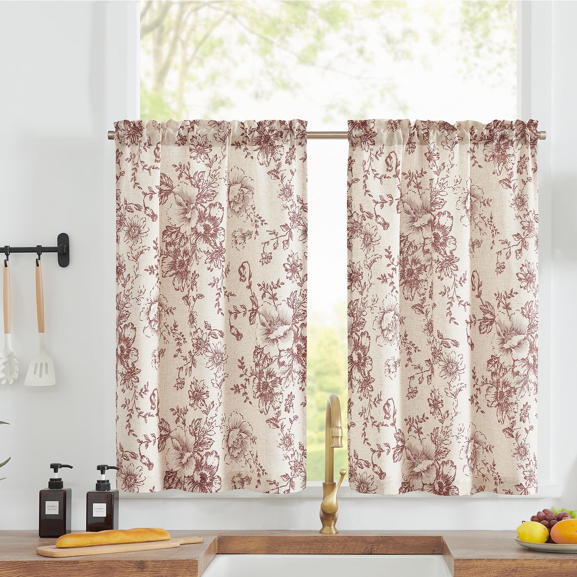 jinchan Floral Kitchen Curtains Linen Tier Curtains Brick Red Flower on Beige Cafe Curtains 36 Inch Length Living Room Bedroom B