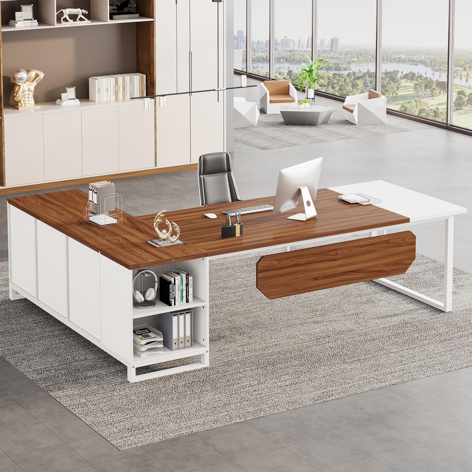 Tribesigns 70.8-Inch Executive Desk with 55-Inch File Cabinet, Large L Shaped Computer Desk with Storage Cabinet and Shelves, Mo