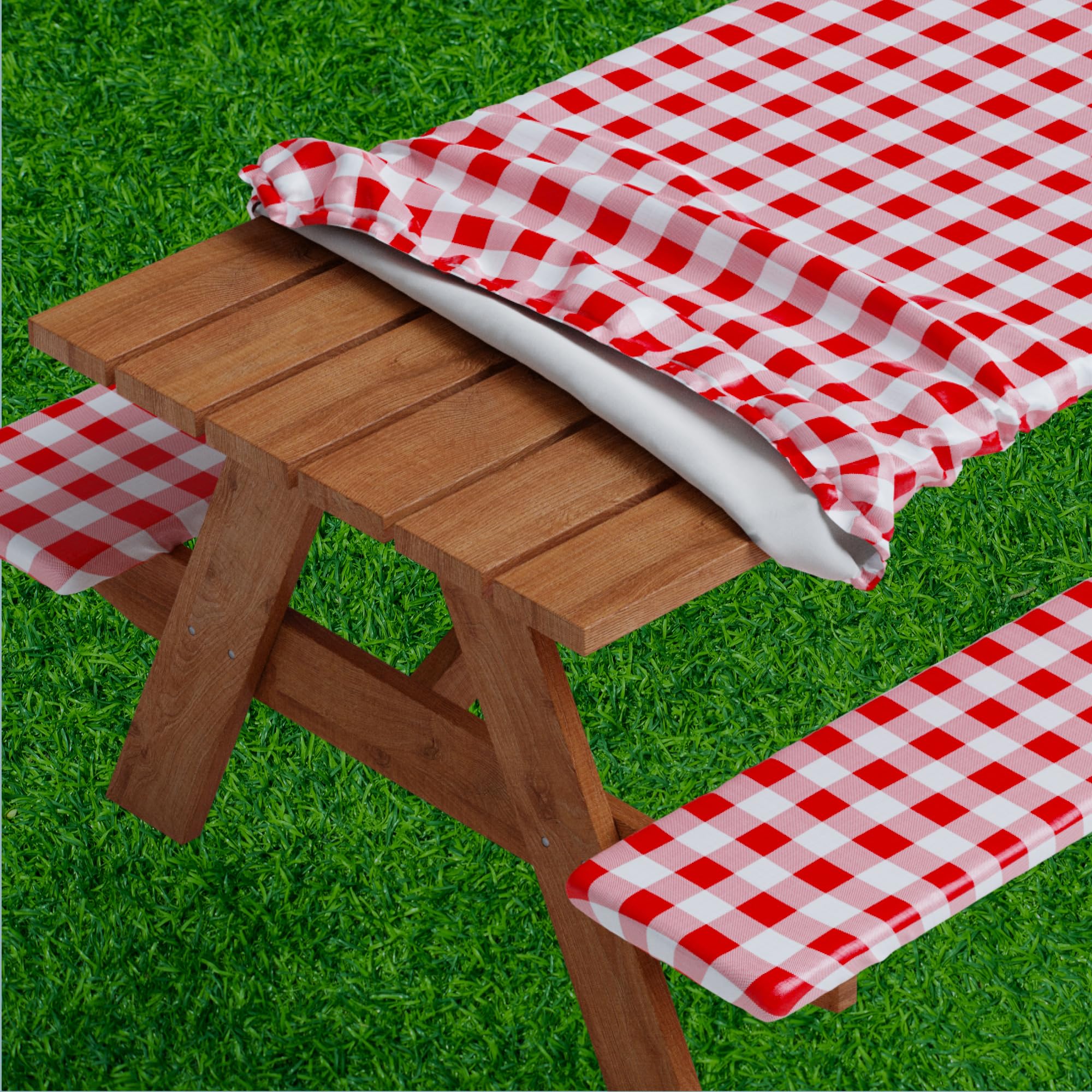 Sorfey Picnic Table Cover with Bench Covers -Fitted with Elastic, Vinyl with Flannel Back, Fits for Table 28x 72 Rectangle,Water