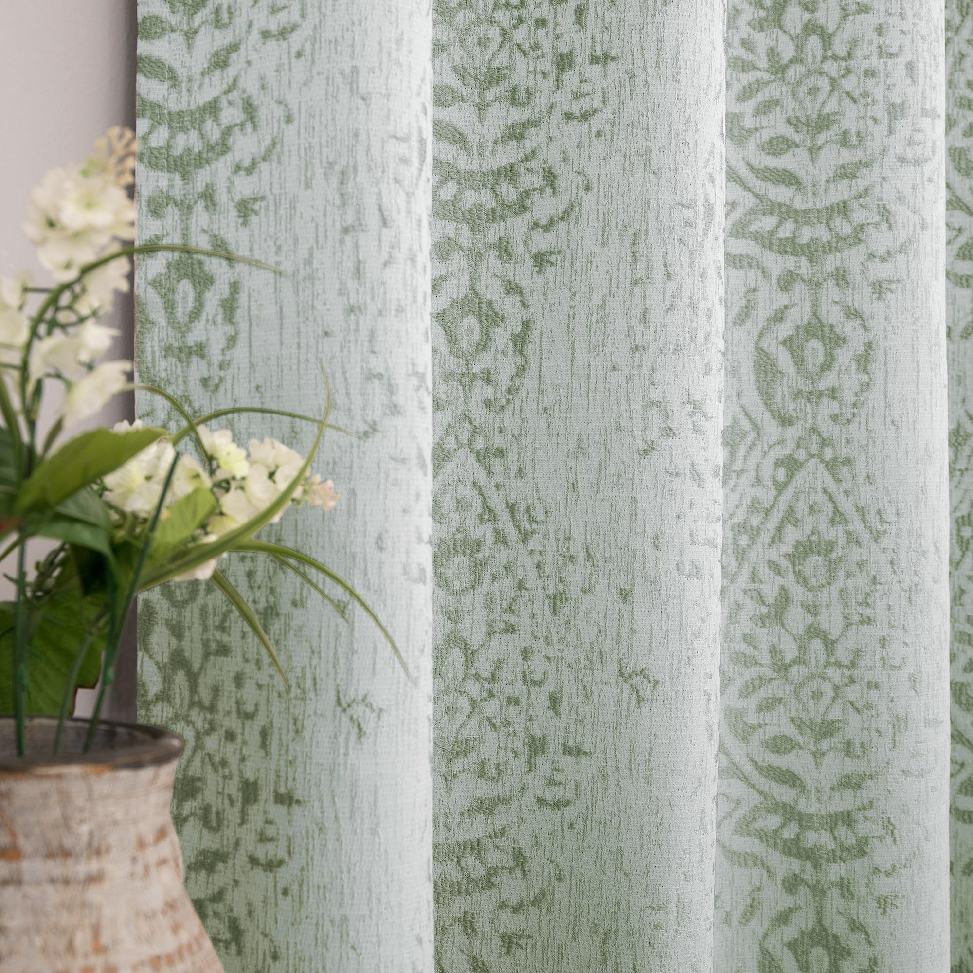 Sage Green Curtains 84 Inches Long for Living Room Light Filtering Distressed Damask Pattern Room Darkening Window Curtain Drape