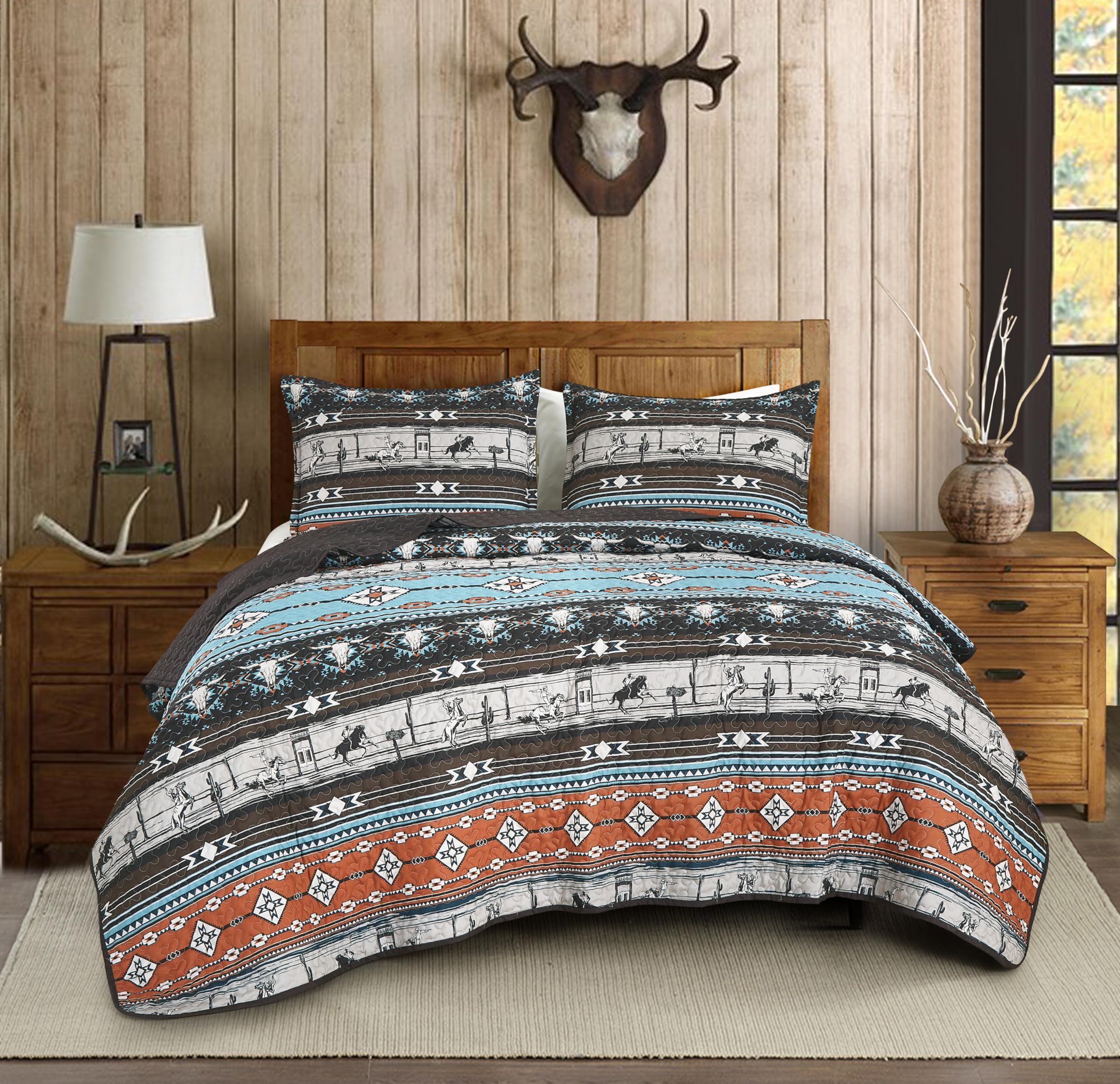 Chezmoi Collection Boone 3-Piece Southwestern Cowboys Rodeo Quilt Set Queen - Multicolor Blue Brown Beige Clay Printed Microfibe