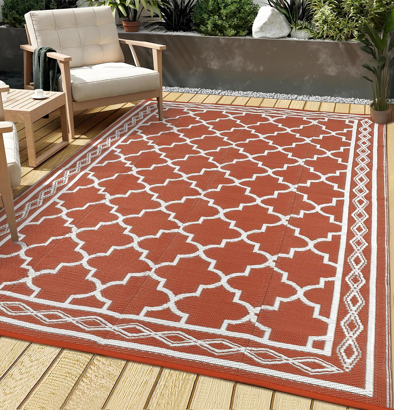 COZYLOOM Outdoor Rug Carpet Waterproof 8x10 Ft Reversible Patio Rug Camping Rug Plastic Straw Rug Geometric Rv Mat for Patio Cam