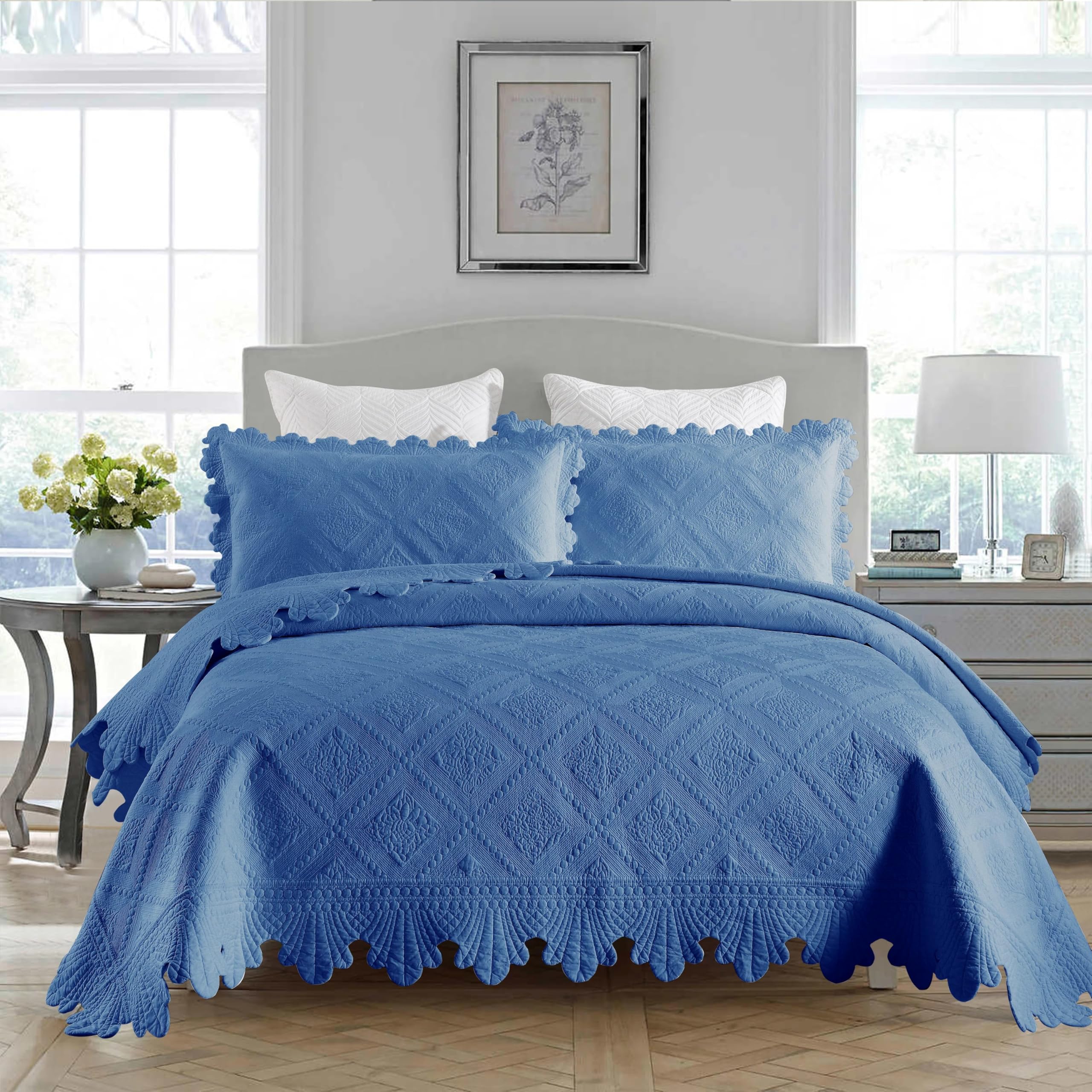 MarCielo 3-Piece 100% Cotton Oversized Bedspread Lightweight Quilt Coverlet Embroidery Farmhouse Bedding Set (Tk Midtone Blue, Q