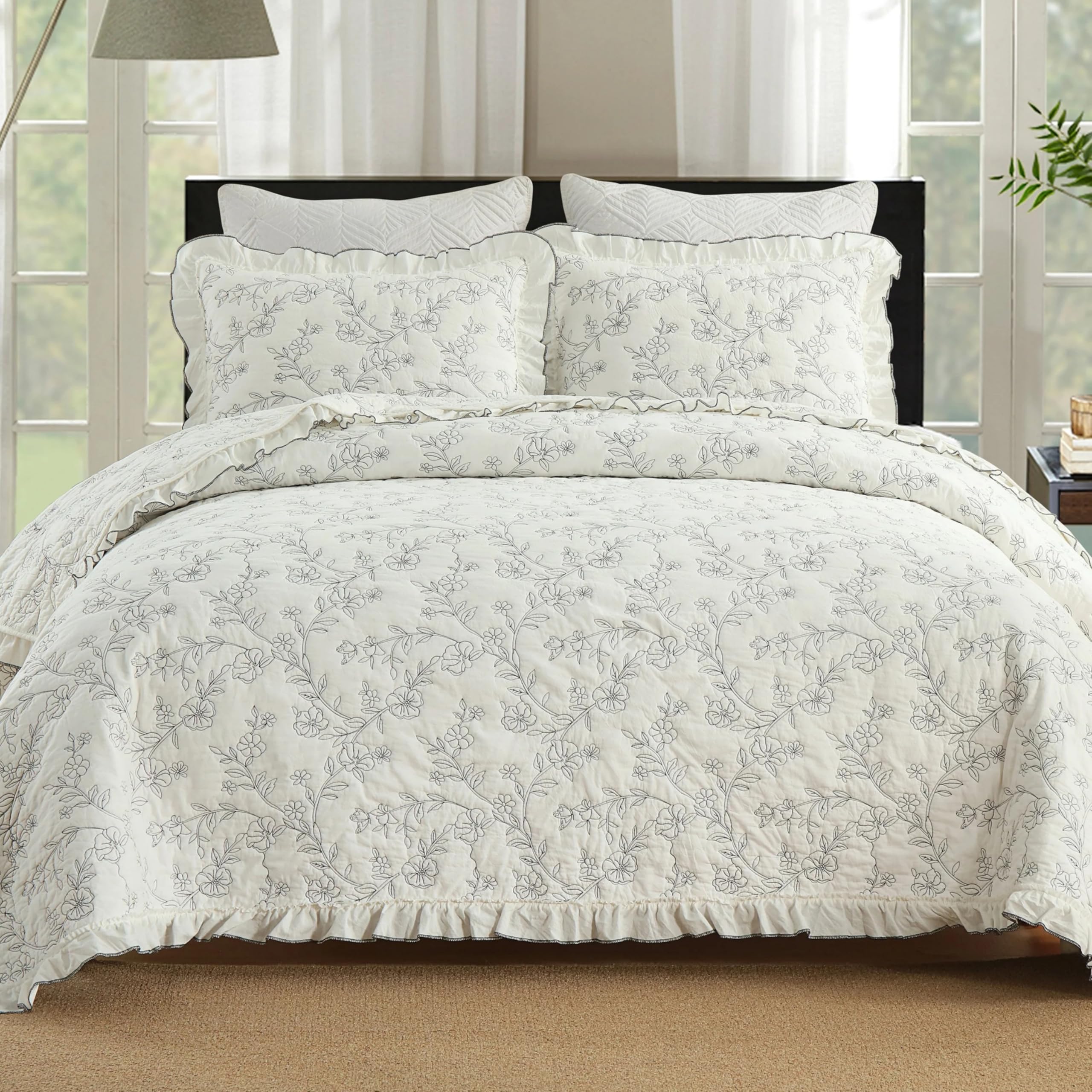 MarCielo 3-Piece 100% Cotton Oversized Bedspread Lightweight Quilt Coverlet Embroidery Farmhouse Bedding Set (Floral, King (106 