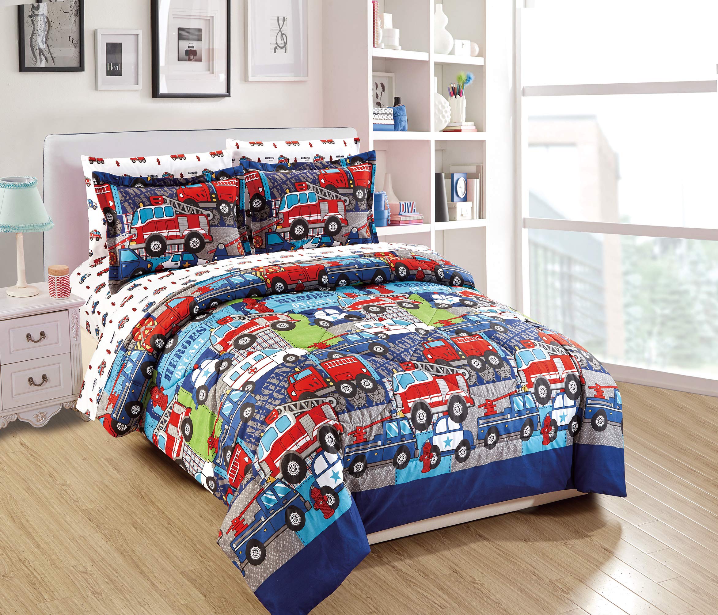 Comforter Set for Kids Heroes Fire Fighter Fire Trucks Police Car Ambulance Paramedic Navy Blue Red White Light Blue Grey Green 