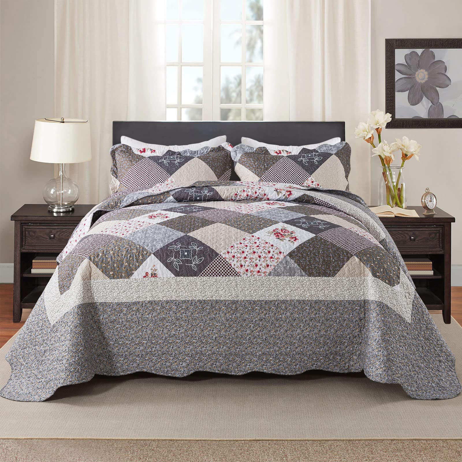 HoneiLife Oversized King Bedspreads - California king Quilt 128x120, 4-Piece Cal King Quilt Sets,Rustic Bedding Sets King Size,E