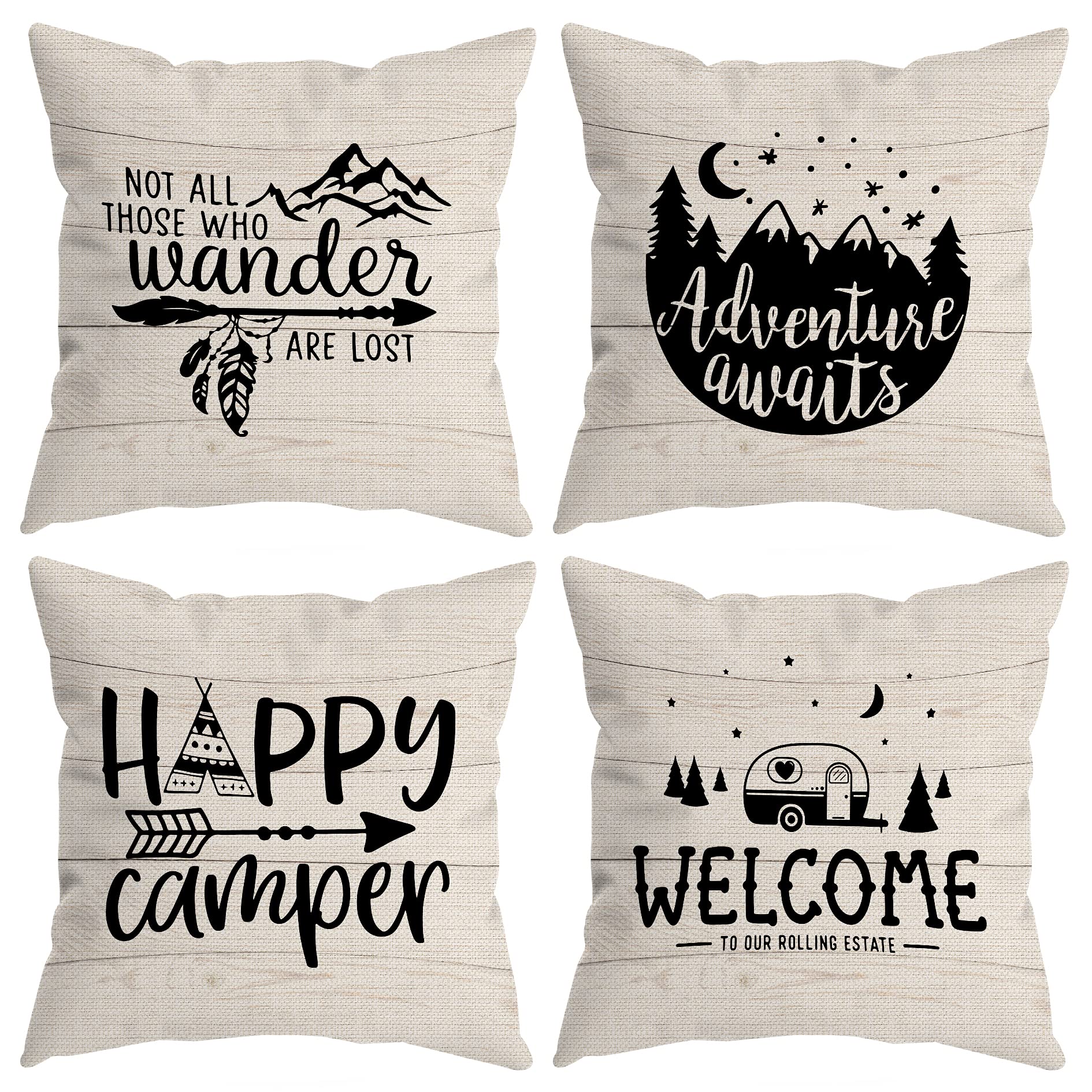HUYAW Happy Camper Camping Welcome Decorative Throw Pillow Covers, Camping Camper Gifts for Men Women, Adventure Awaits Pillow C
