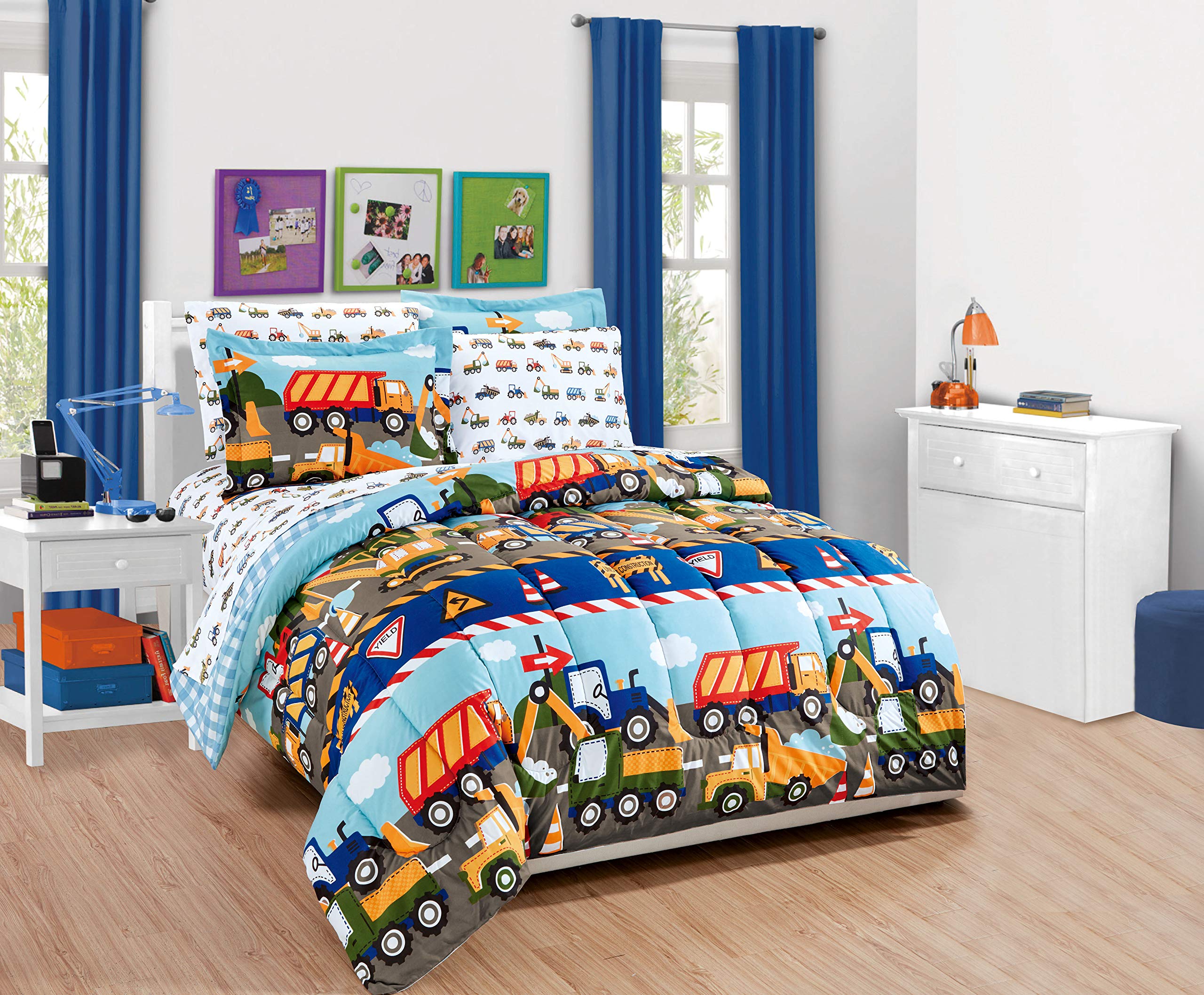 Fancy Linen Boys Comforter and Sheet Set Construction Zone Public Work Excavator Dump Trucks Front and Backhoe Loader Tractors L