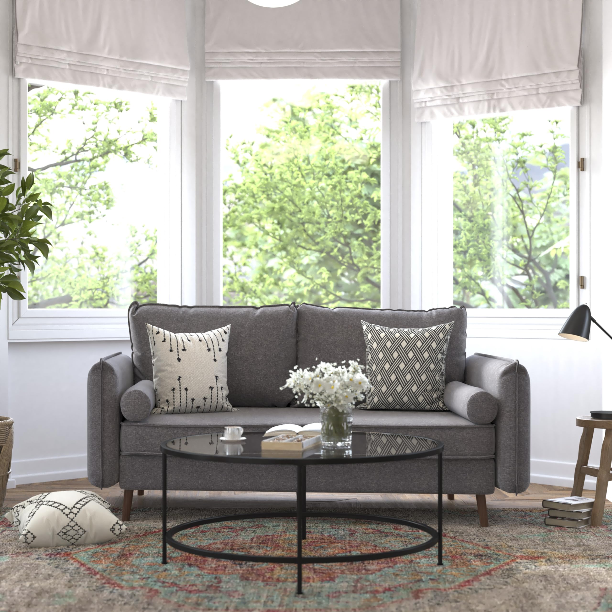 Flash Furniture Evie Mid-Century Modern Sofa - Stone Gray Faux Linen Fabric Upholstery - Real Wood Frame and Legs