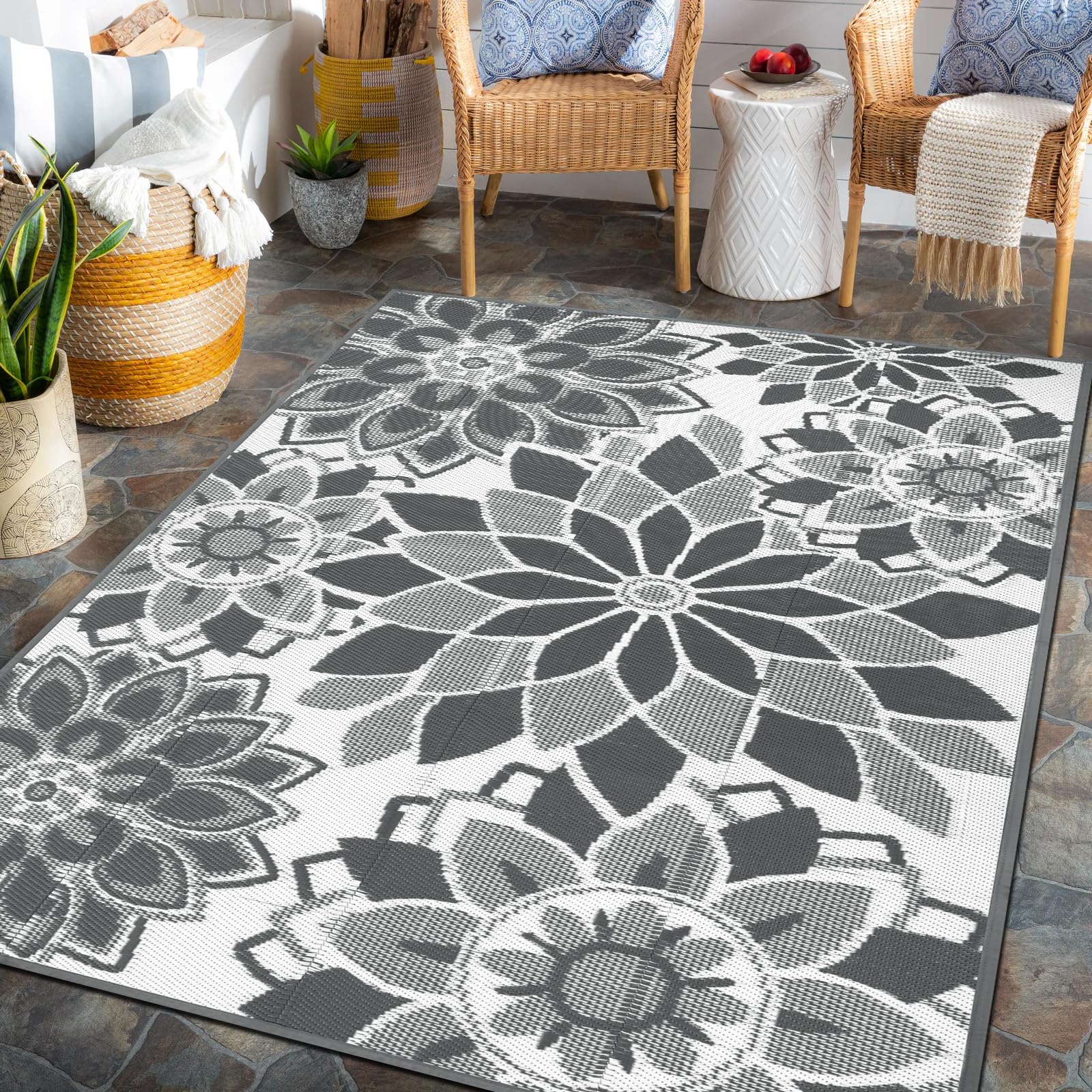 LOKHOM Outdoor Rug for Patio, 9x 12 Reversible Plastic Straw Area Rugs Mat, Waterproof Mat for Camper Indoor Outdoor Carpet fo