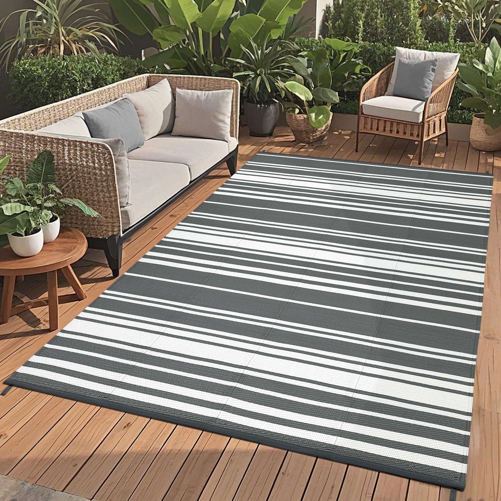Outdoor Rug 8x10 Contemporary Waterproof Reversible Plastic Straw Rug, UV-Resistant Outdoor Floor Cover, Easy Cleaning Striped P
