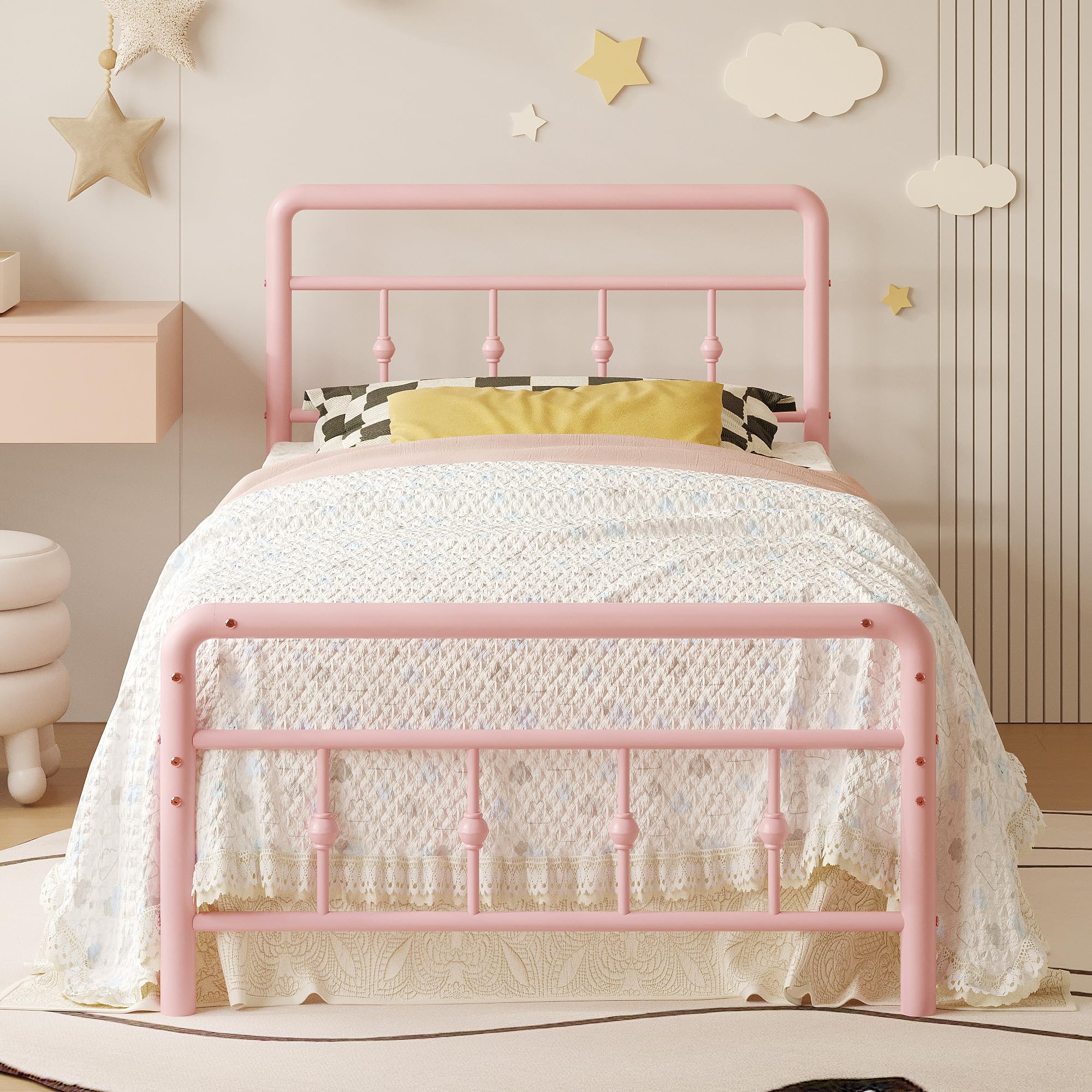 Richwanone 14 inch Twin Bed Frame with Headboard and Footboard, Heavy Duty Metal Bed Frame Victorian Style, No Box Spring Needed